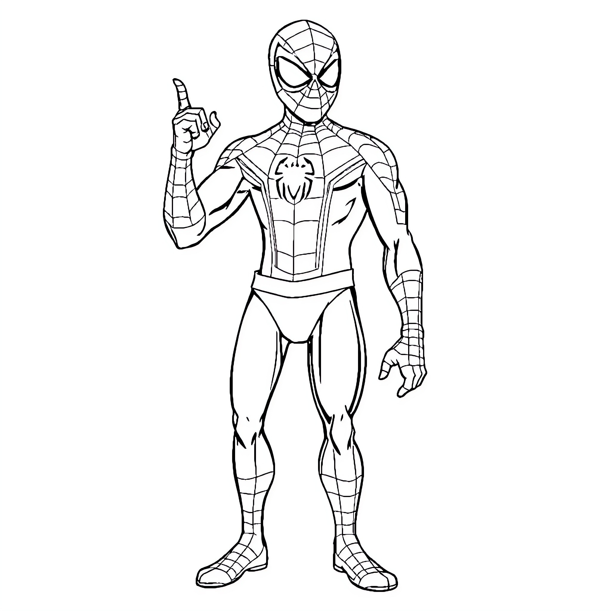 Spiderman in action pose with raised finger Coloring Page (free black-and-white line drawing printable PDF for all, from beginners to advanced learners, including children, teens, adults, and seniors)
