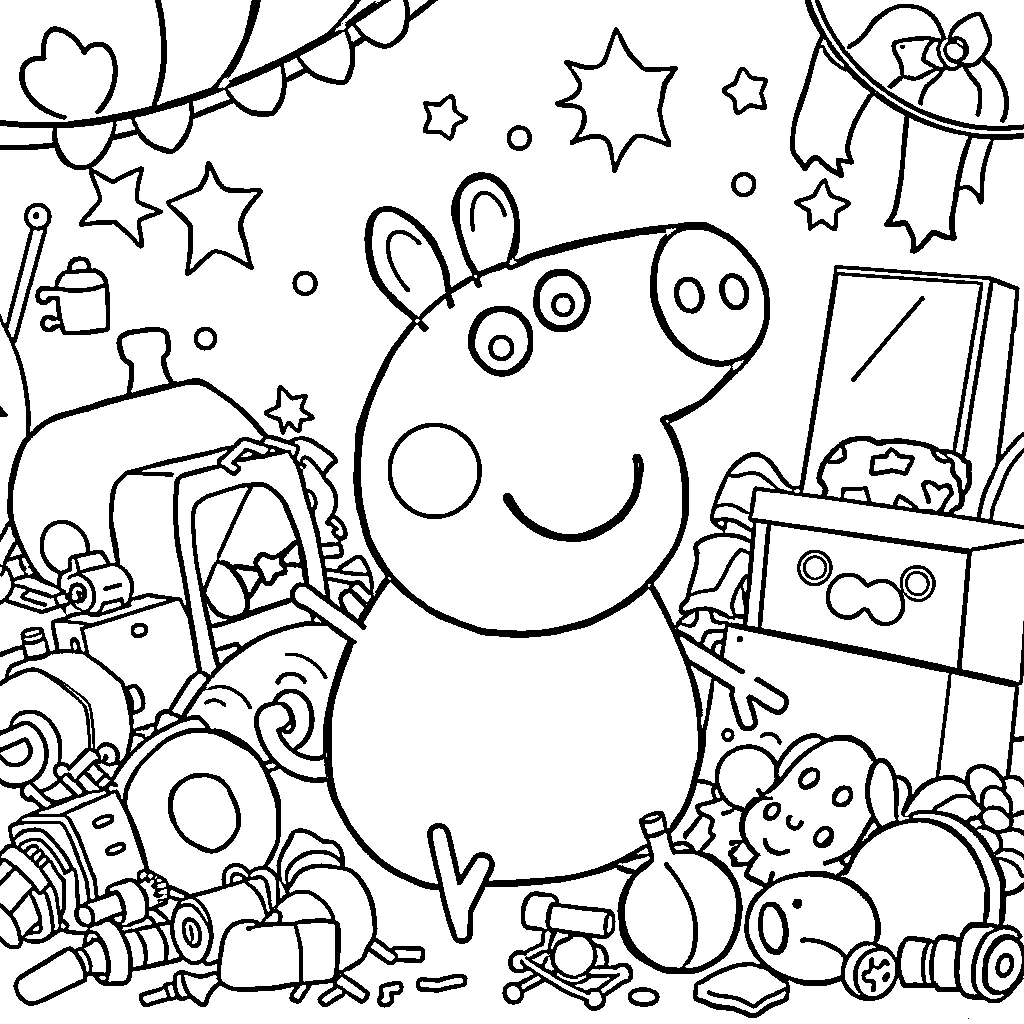 Peppa Pig's joyful playtime with toys and decorations Coloring Page (free black-and-white line drawing printable PDF for all, from beginners to advanced learners, including children, teens, adults, and seniors)
