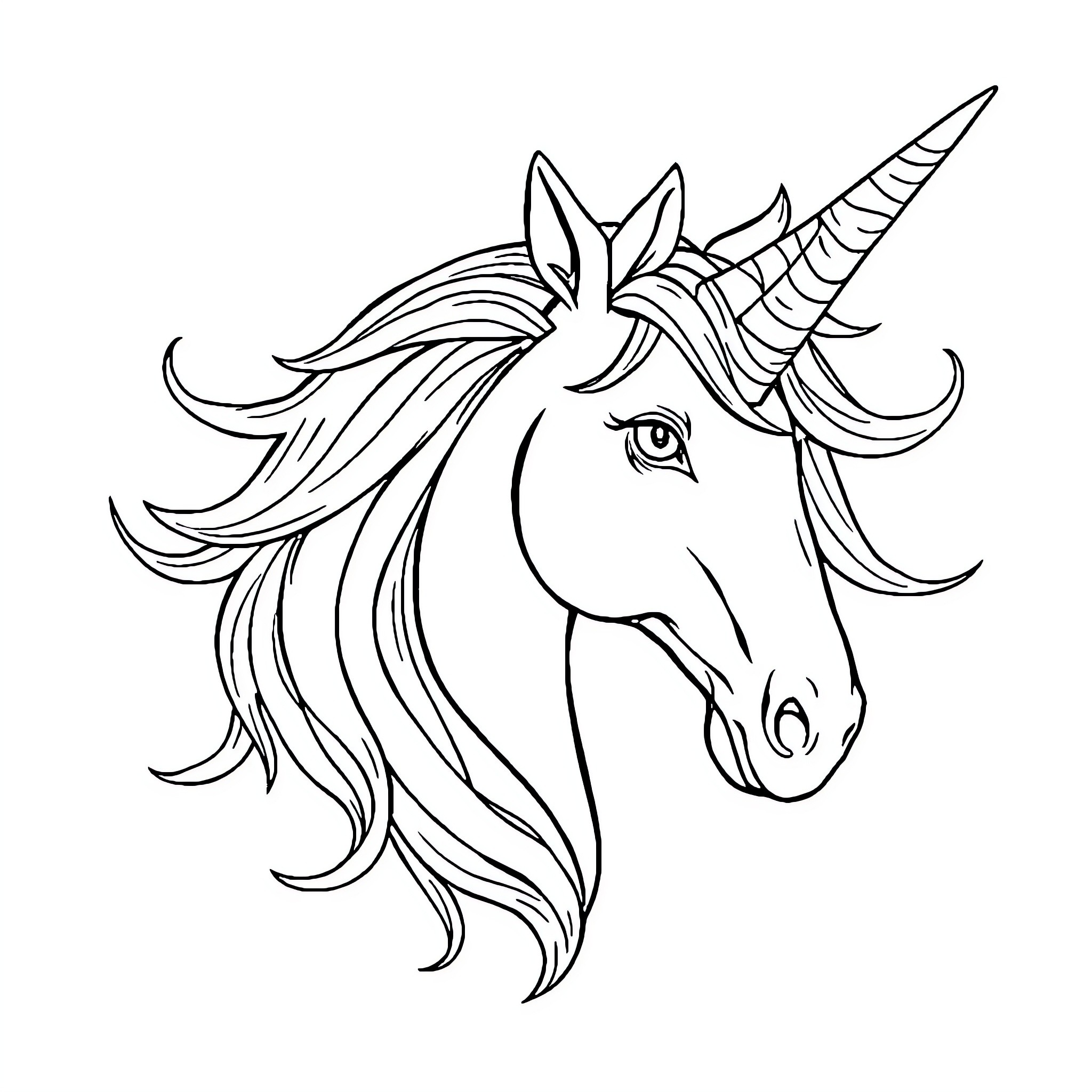 Unicorn with majestic flowing mane and horn Coloring Page (free black-and-white line drawing printable PDF for all, from beginners to advanced learners, including children, teens, adults, and seniors)