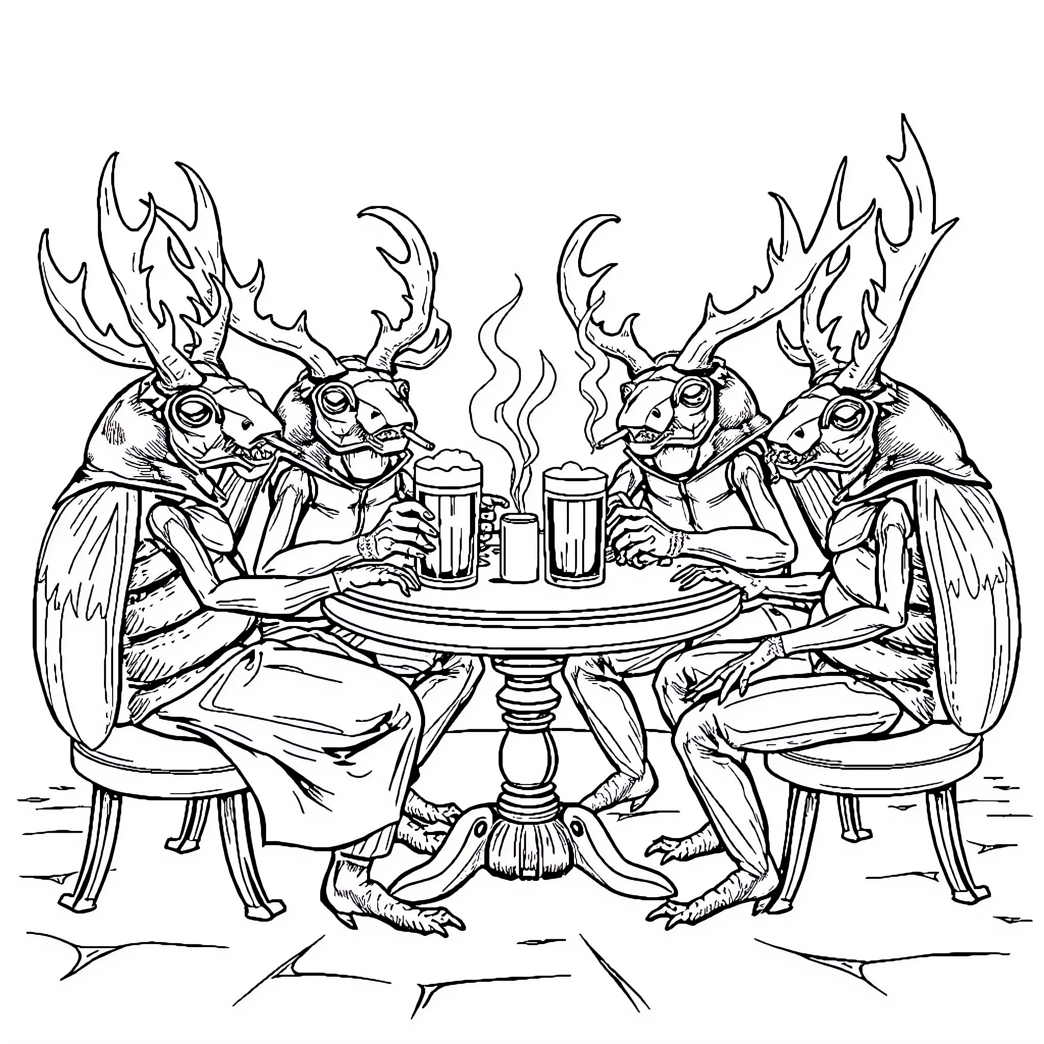 Stag Beetles Enjoying Drinks Together Coloring Page (free black-and-white line drawing printable PDF for all, from beginners to advanced learners, including children, teens, adults, and seniors)