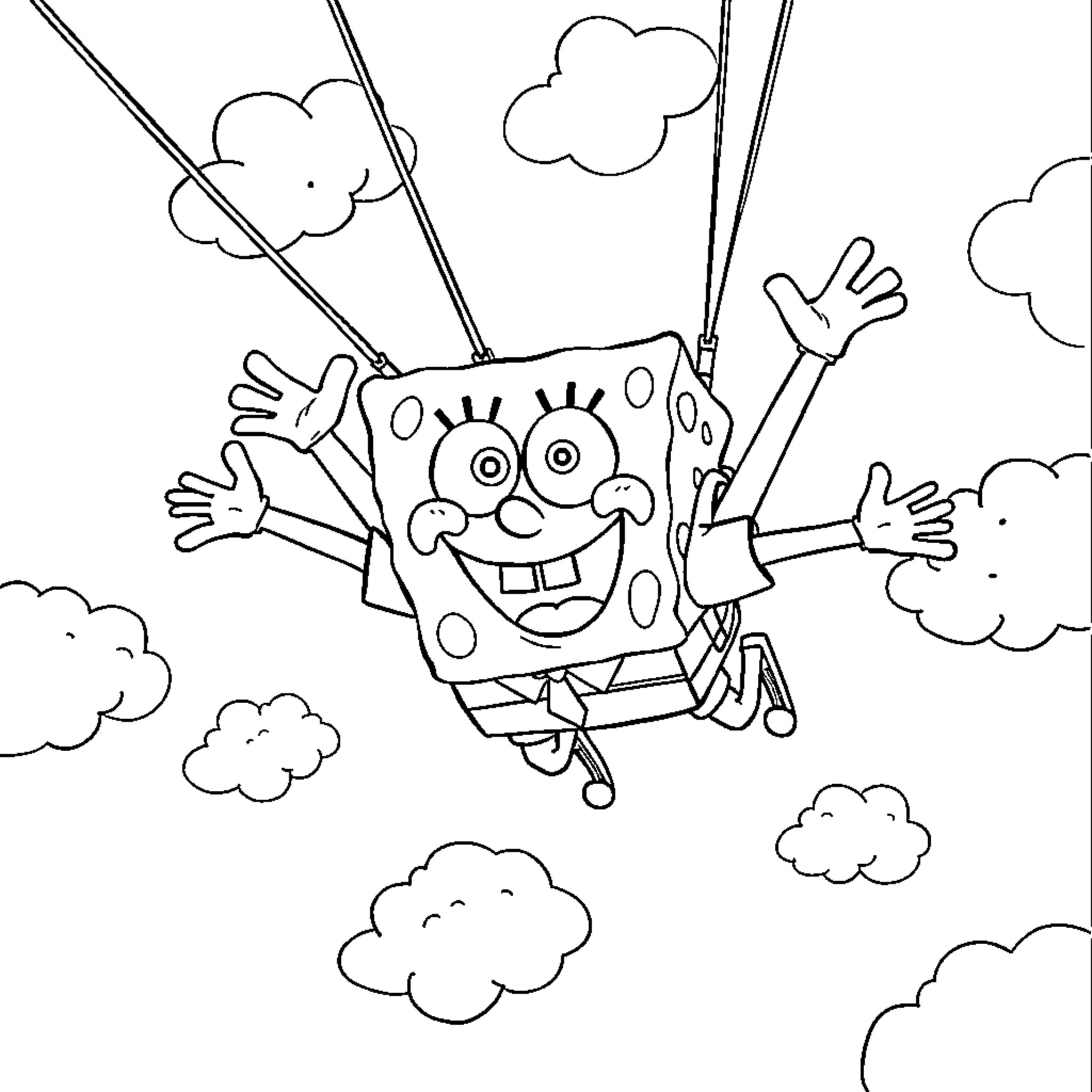 Spongebob enjoying a fun swing ride in the sky Coloring Page (free black-and-white line drawing printable PDF for all, from beginners to advanced learners, including children, teens, adults, and seniors)