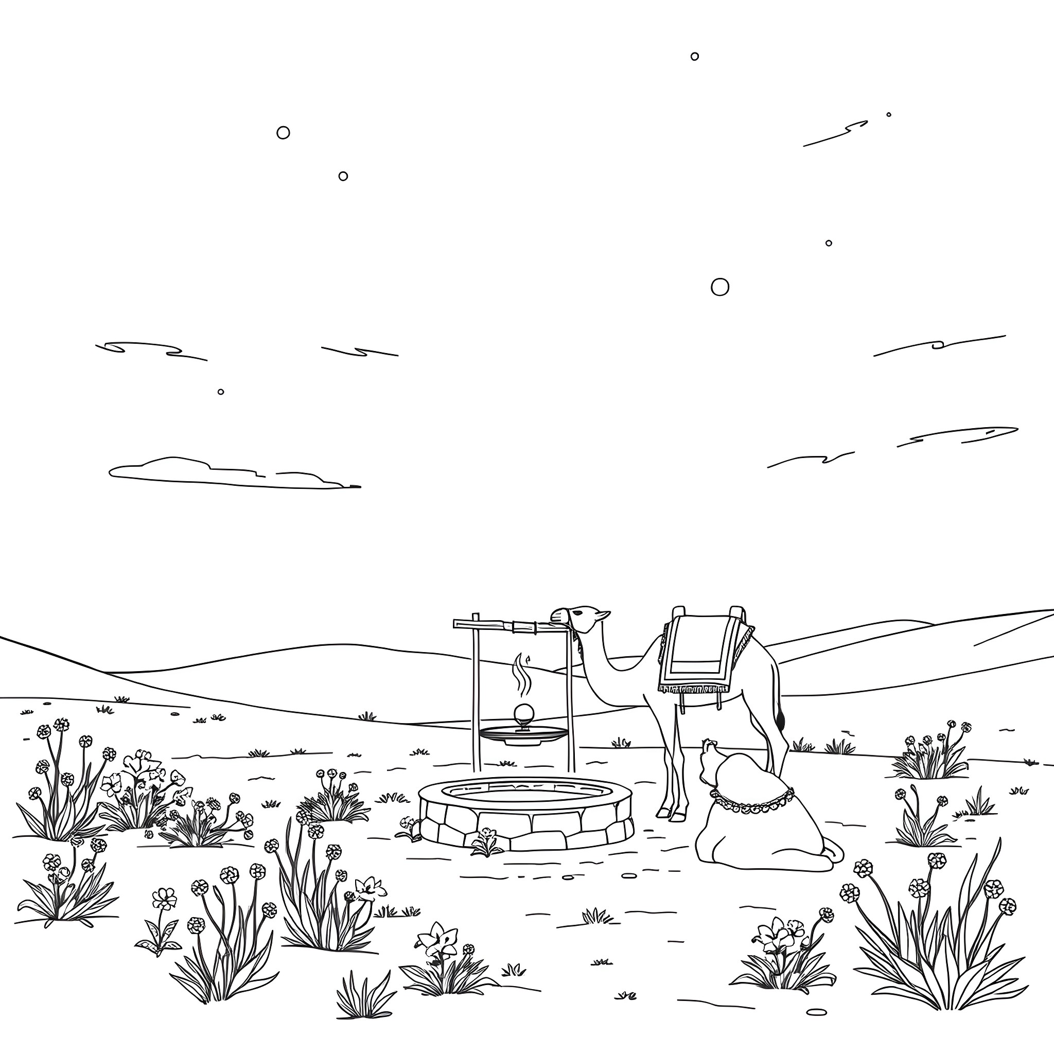 Camel and Well in Desert Landscape Coloring Page (free black-and-white line drawing printable PDF for all, from beginners to advanced learners, including children, teens, adults, and seniors)