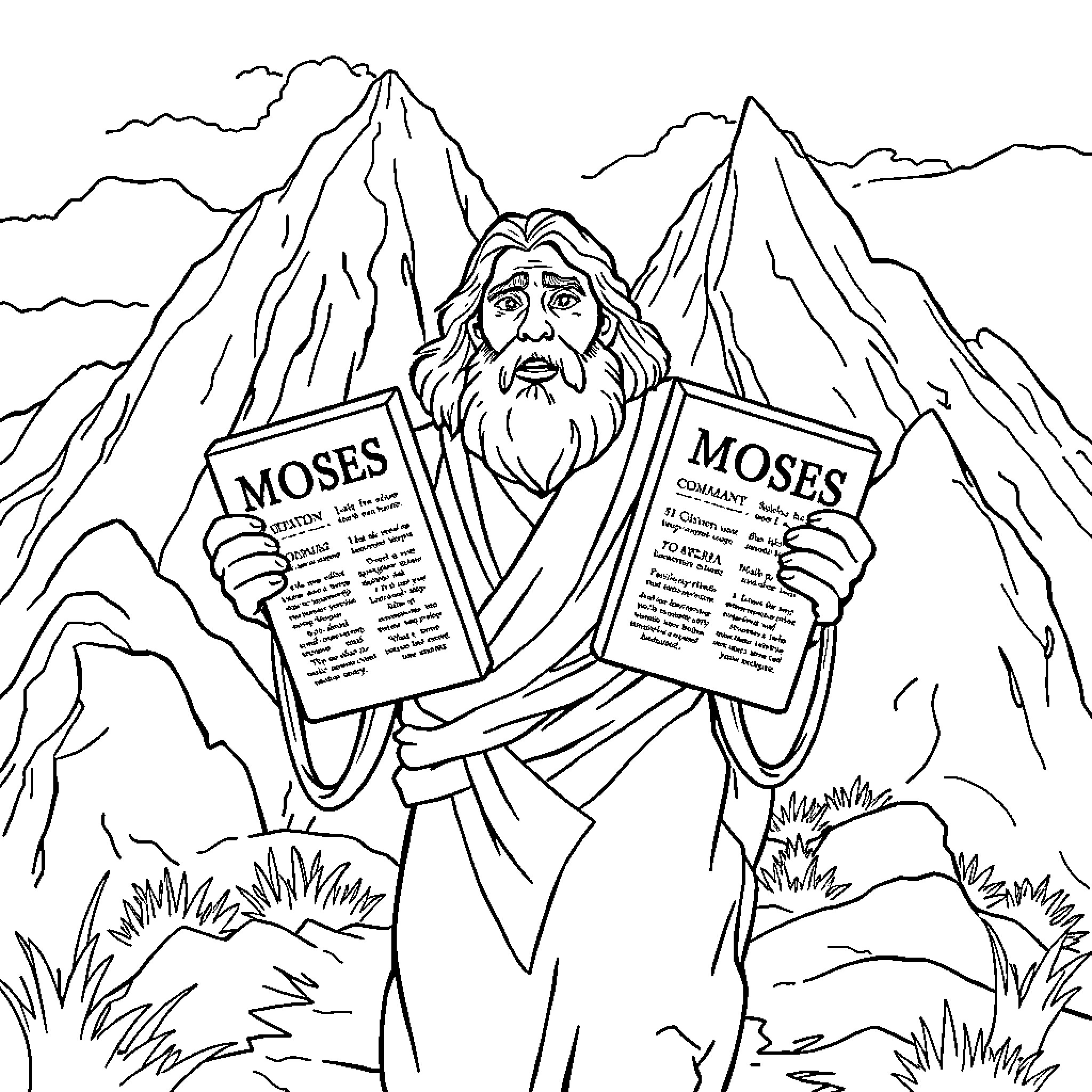 Moses Holding Commandments in Mountainous Landscape Coloring Page (free black-and-white line drawing printable PDF for all, from beginners to advanced learners, including children, teens, adults, and seniors)