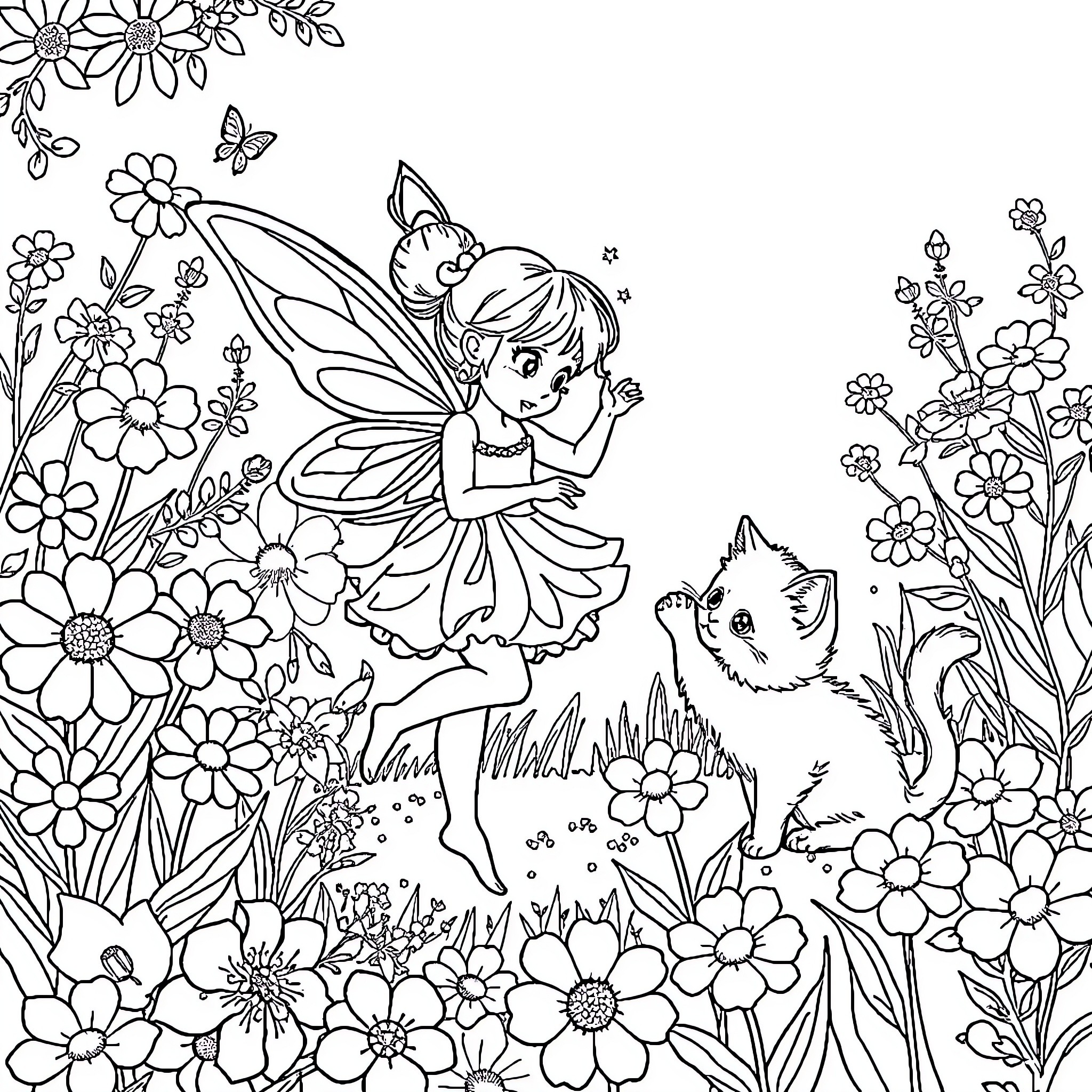Fairy interacting with animals in a floral garden Coloring Page (free black-and-white line drawing printable PDF for all, from beginners to advanced learners, including children, teens, adults, and seniors)