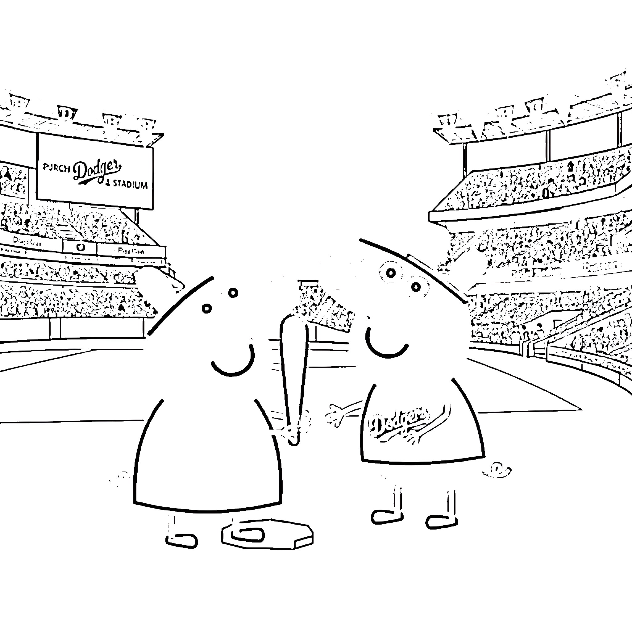 Peppa Pig characters in a sports stadium Coloring Page (free black-and-white line drawing printable PDF for all, from beginners to advanced learners, including children, teens, adults, and seniors)