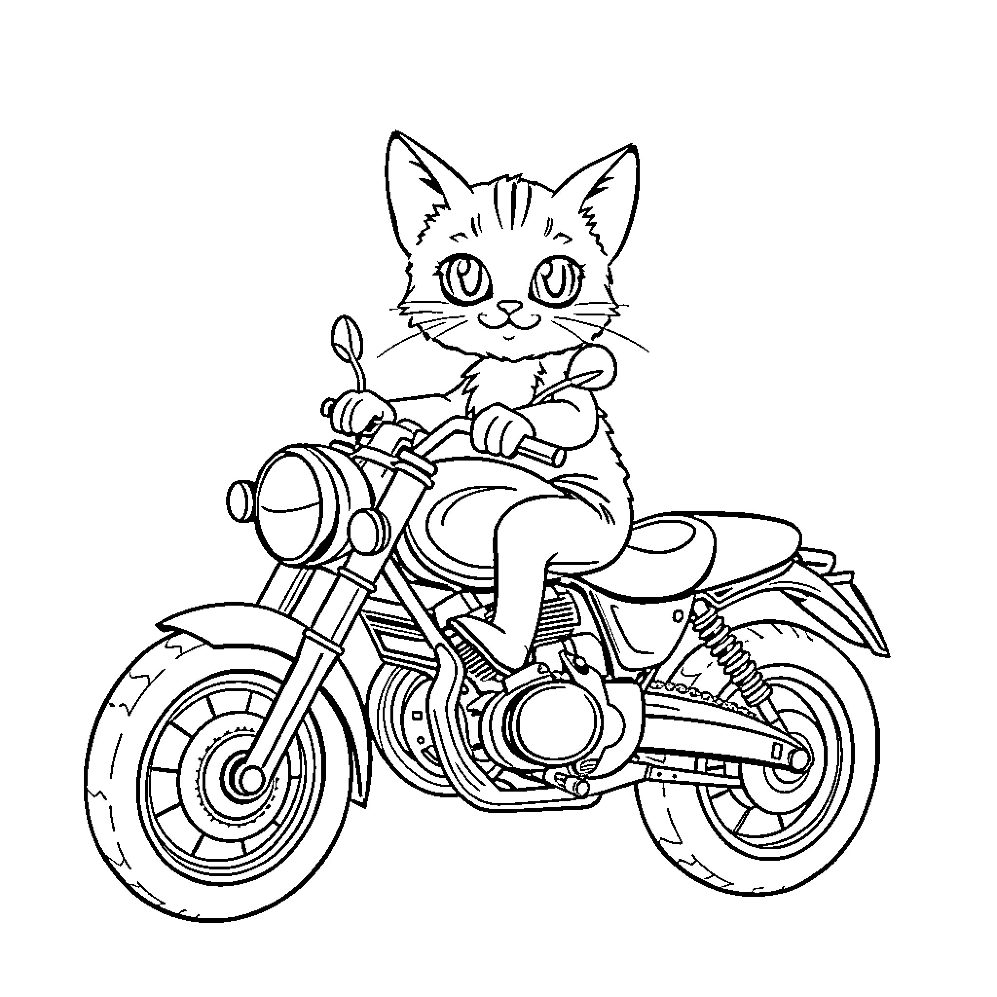 Cat riding a motorcycle with enthusiasm Coloring Page (free black-and-white line drawing printable PDF for all, from beginners to advanced learners, including children, teens, adults, and seniors)