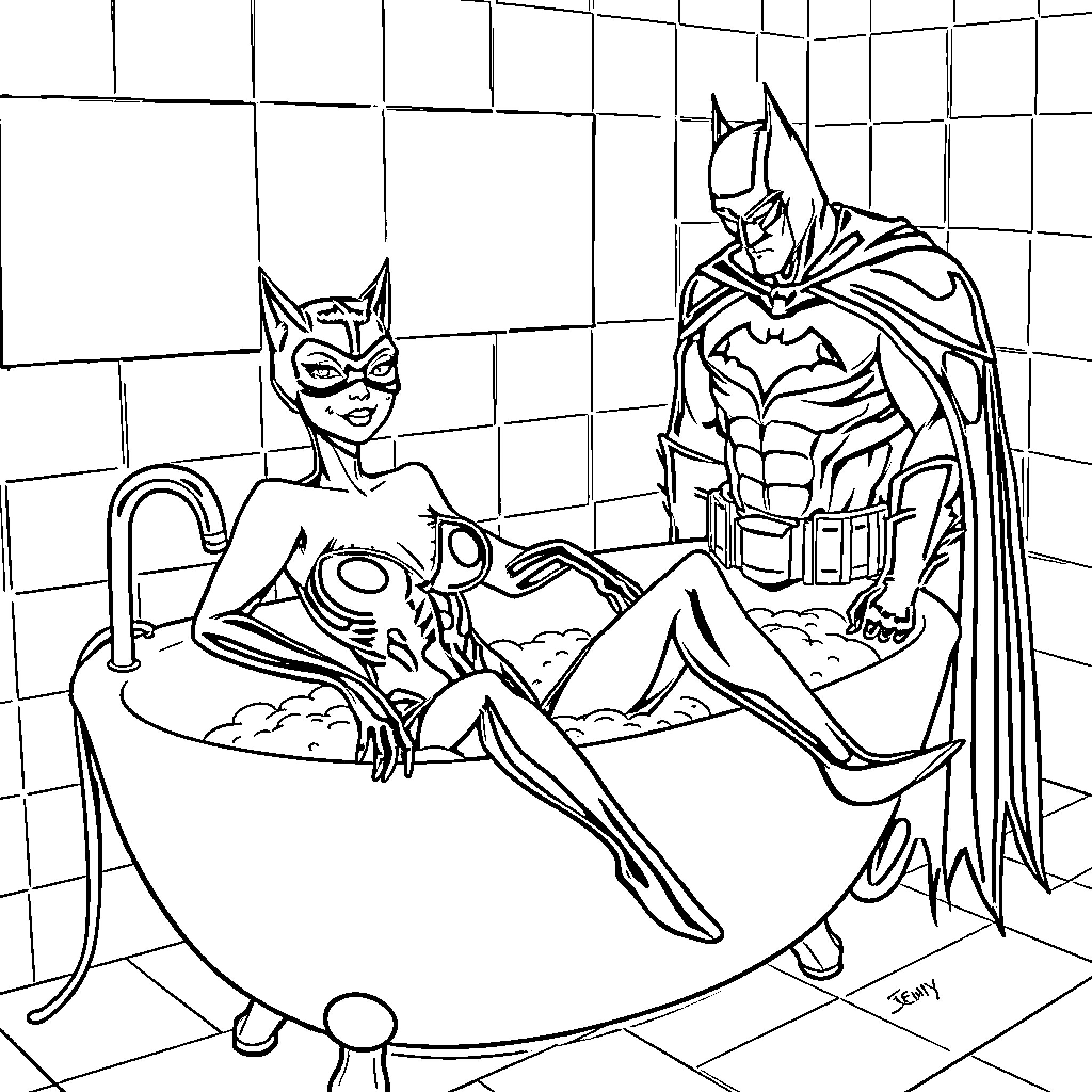 Cat Woman relaxing in the bathtub with Batman watching Coloring Page (free black-and-white line drawing printable PDF for all, from beginners to advanced learners, including children, teens, adults, and seniors)