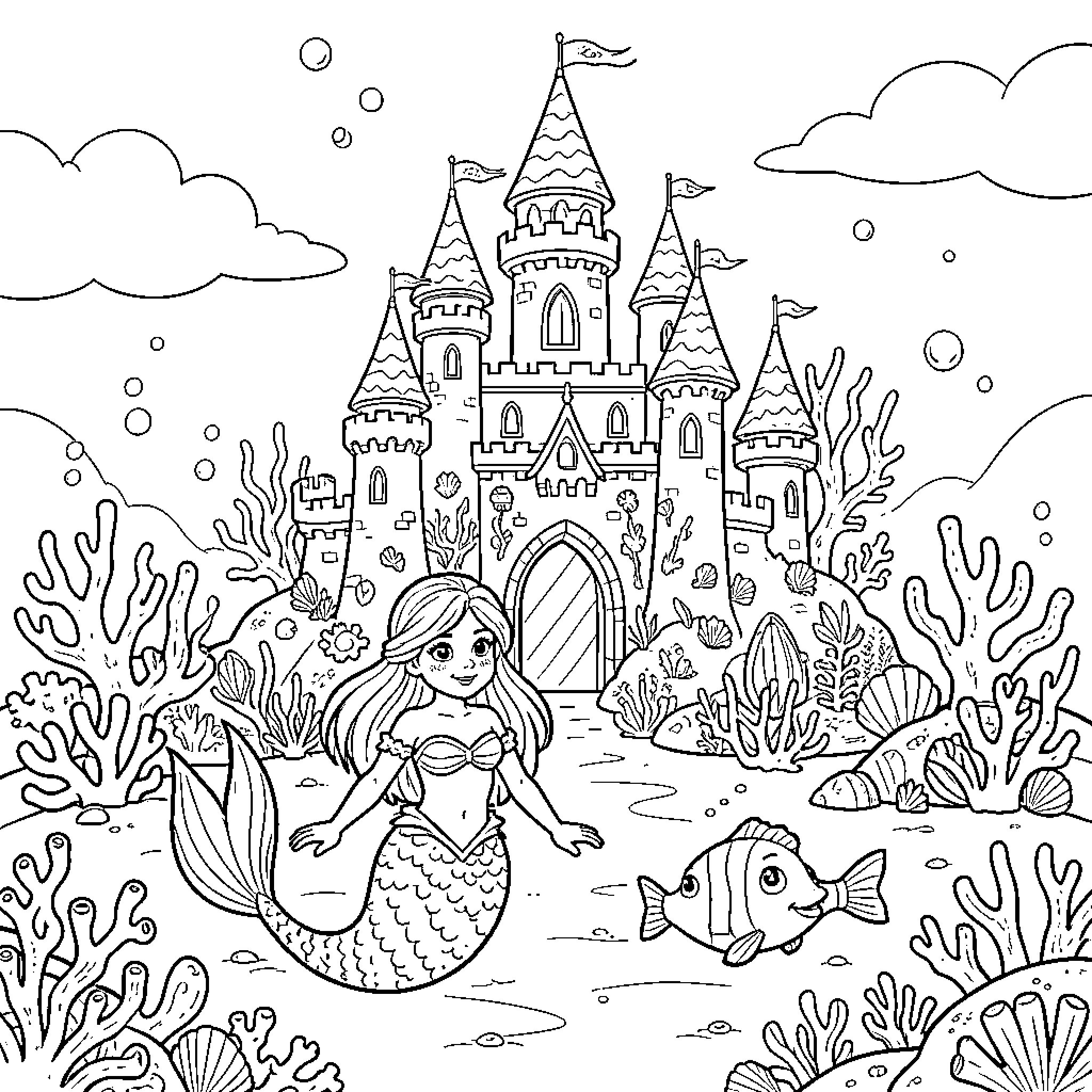 Mermaid smiling near an underwater castle and fish Coloring Page (free black-and-white line drawing printable PDF for all, from beginners to advanced learners, including children, teens, adults, and seniors)