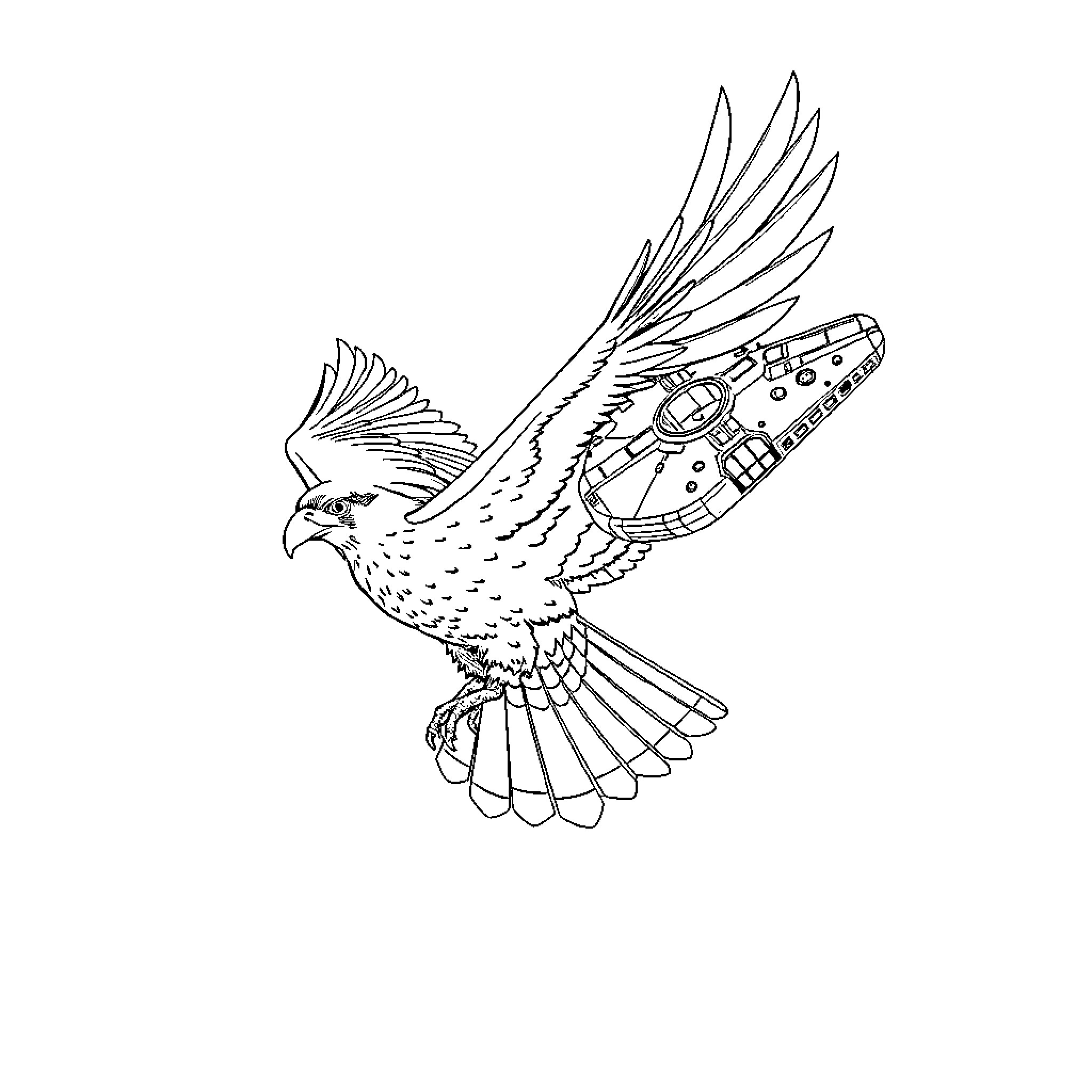 Falcon with mechanical wings soaring Coloring Page (free black-and-white line drawing printable PDF for all, from beginners to advanced learners, including children, teens, adults, and seniors)