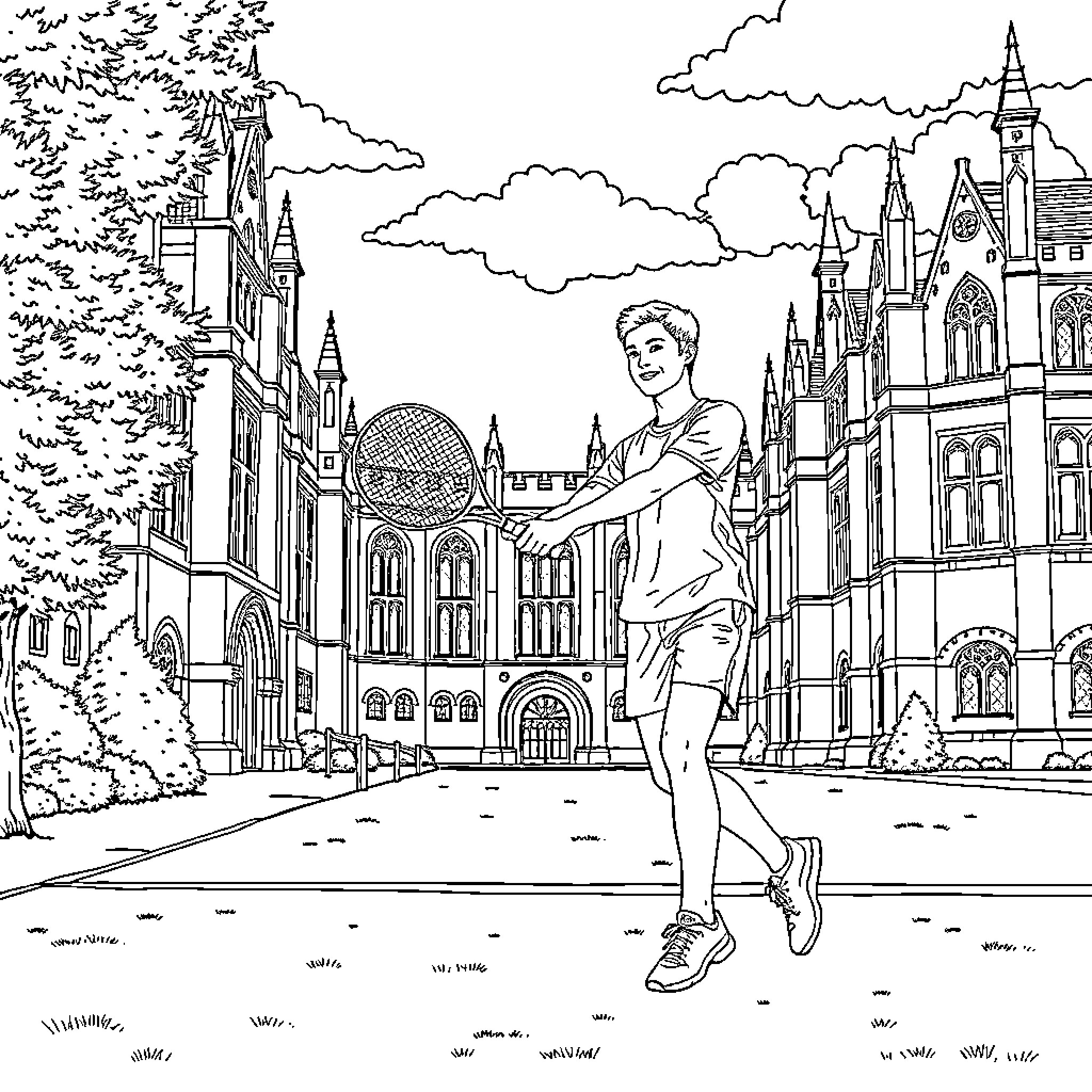 Student exploring historic European architecture Coloring Page (free black-and-white line drawing printable PDF for all, from beginners to advanced learners, including children, teens, adults, and seniors)