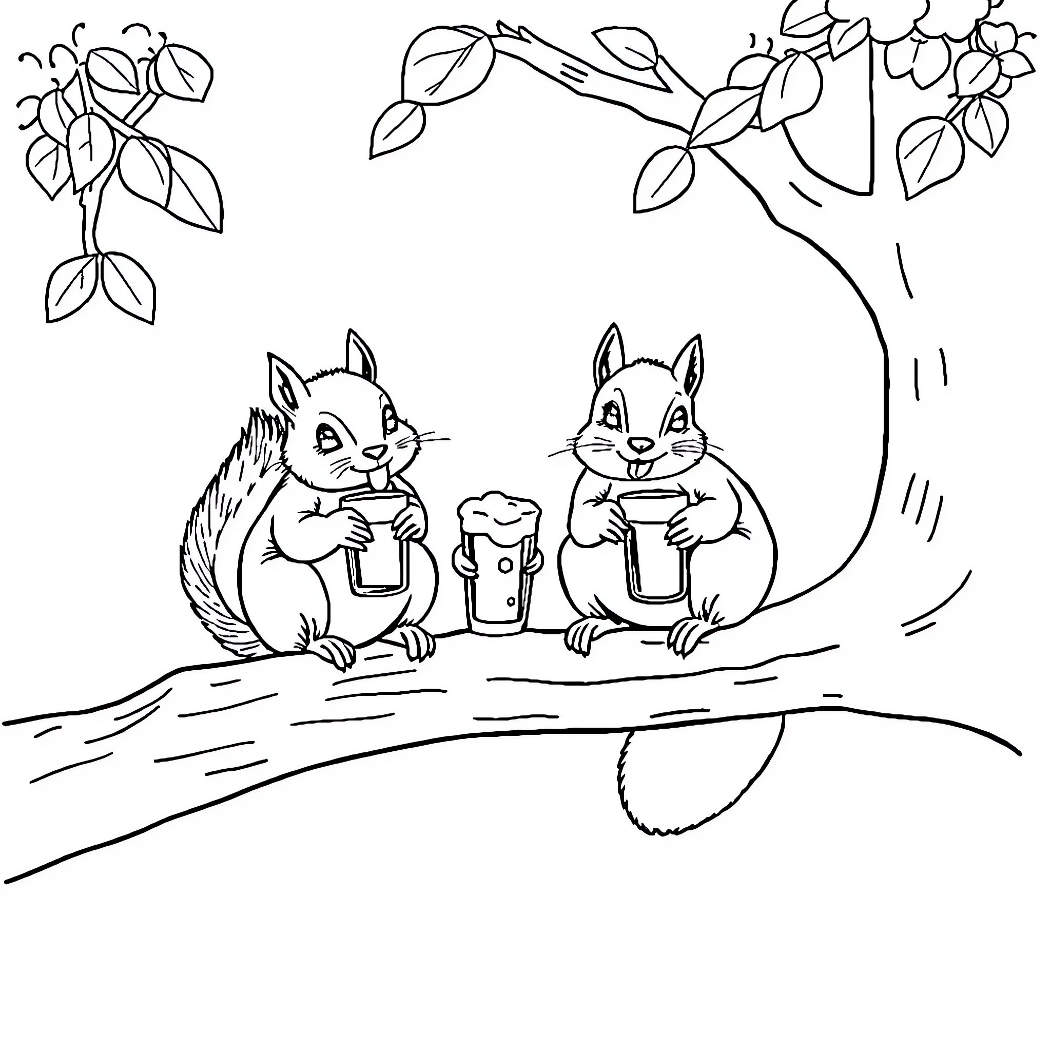 Squirrels enjoying refreshments in the forest Coloring Page (free black-and-white line drawing printable PDF for all, from beginners to advanced learners, including children, teens, adults, and seniors)
