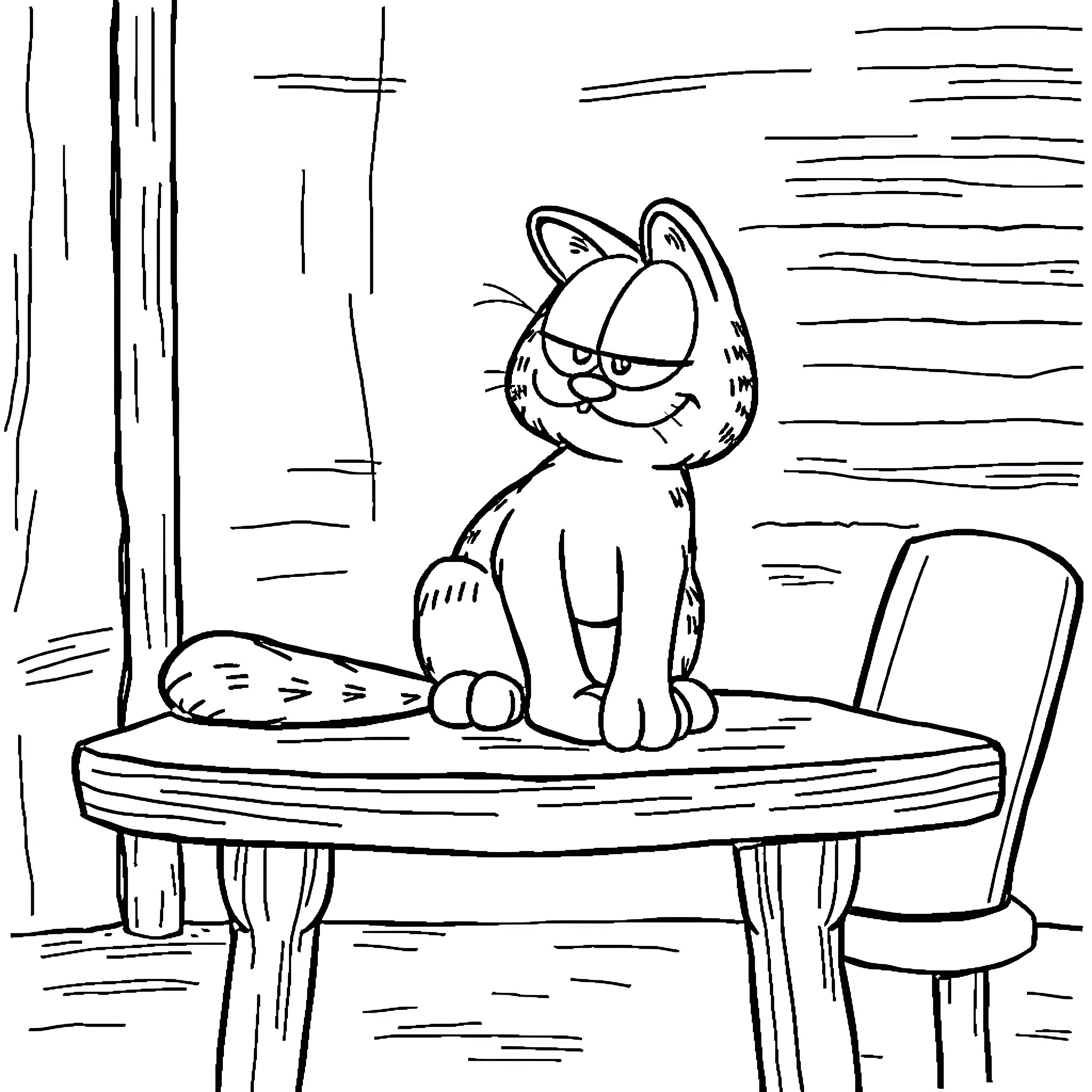 Garfield sitting grumpily on a table Coloring Page (free black-and-white line drawing printable PDF for all, from beginners to advanced learners, including children, teens, adults, and seniors)
