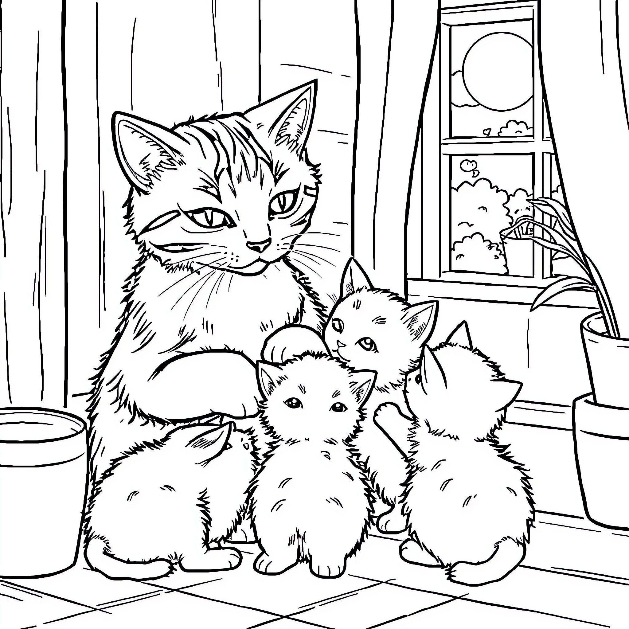 Cat and Kittens Resting by the Window Coloring Page (free black-and-white line drawing printable PDF for all, from beginners to advanced learners, including children, teens, adults, and seniors)