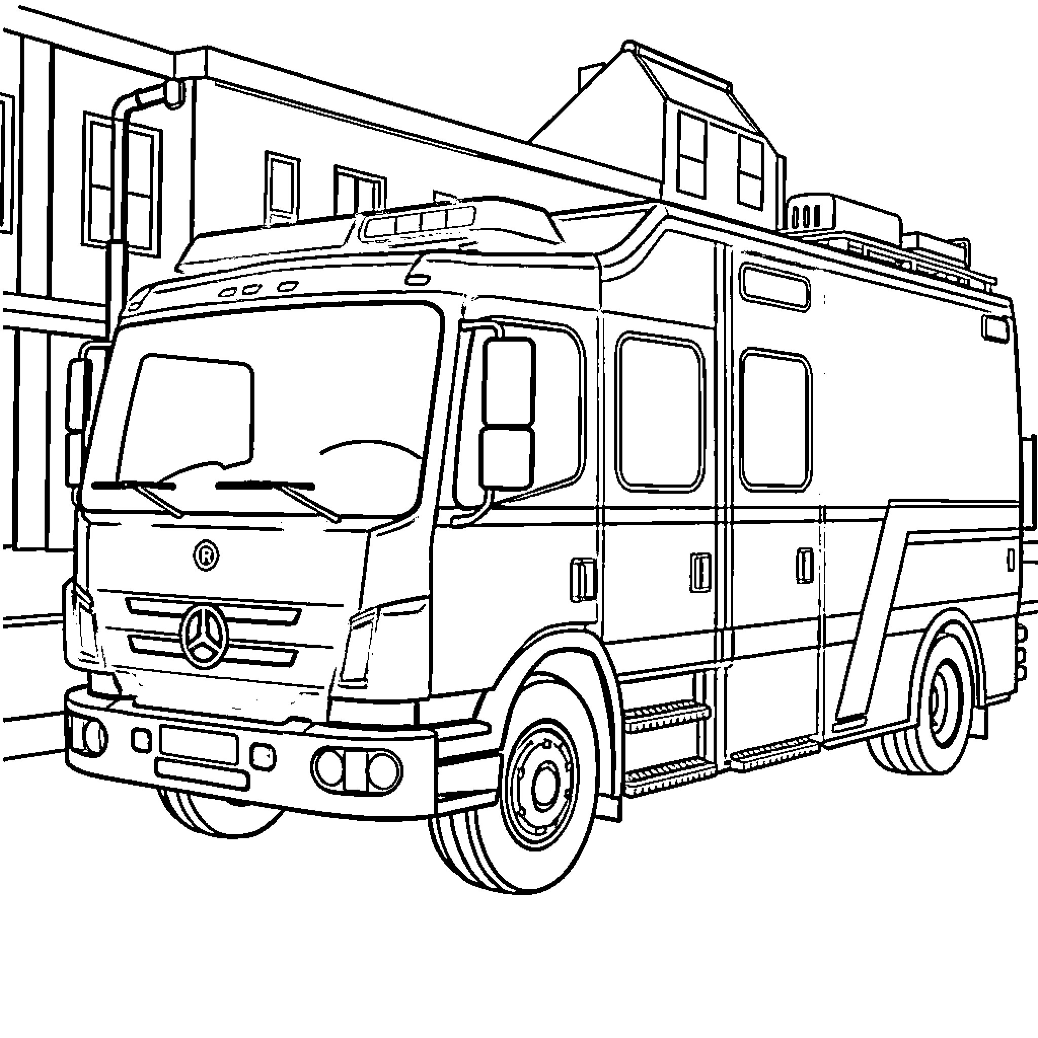 Fire Truck Parked in Front of Building Coloring Page (free black-and-white line drawing printable PDF for all, from beginners to advanced learners, including children, teens, adults, and seniors)