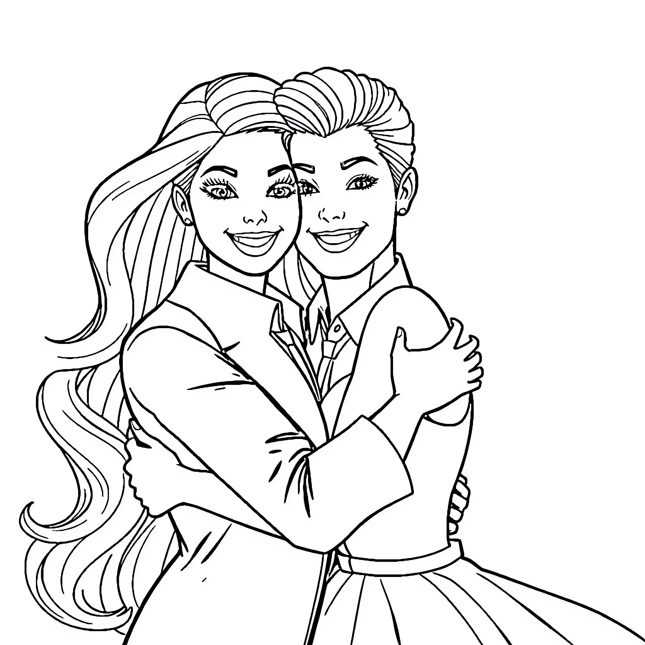 Barbie and Ken embracing joyfully Coloring Page (free black-and-white line drawing printable PDF for all, from beginners to advanced learners, including children, teens, adults, and seniors)