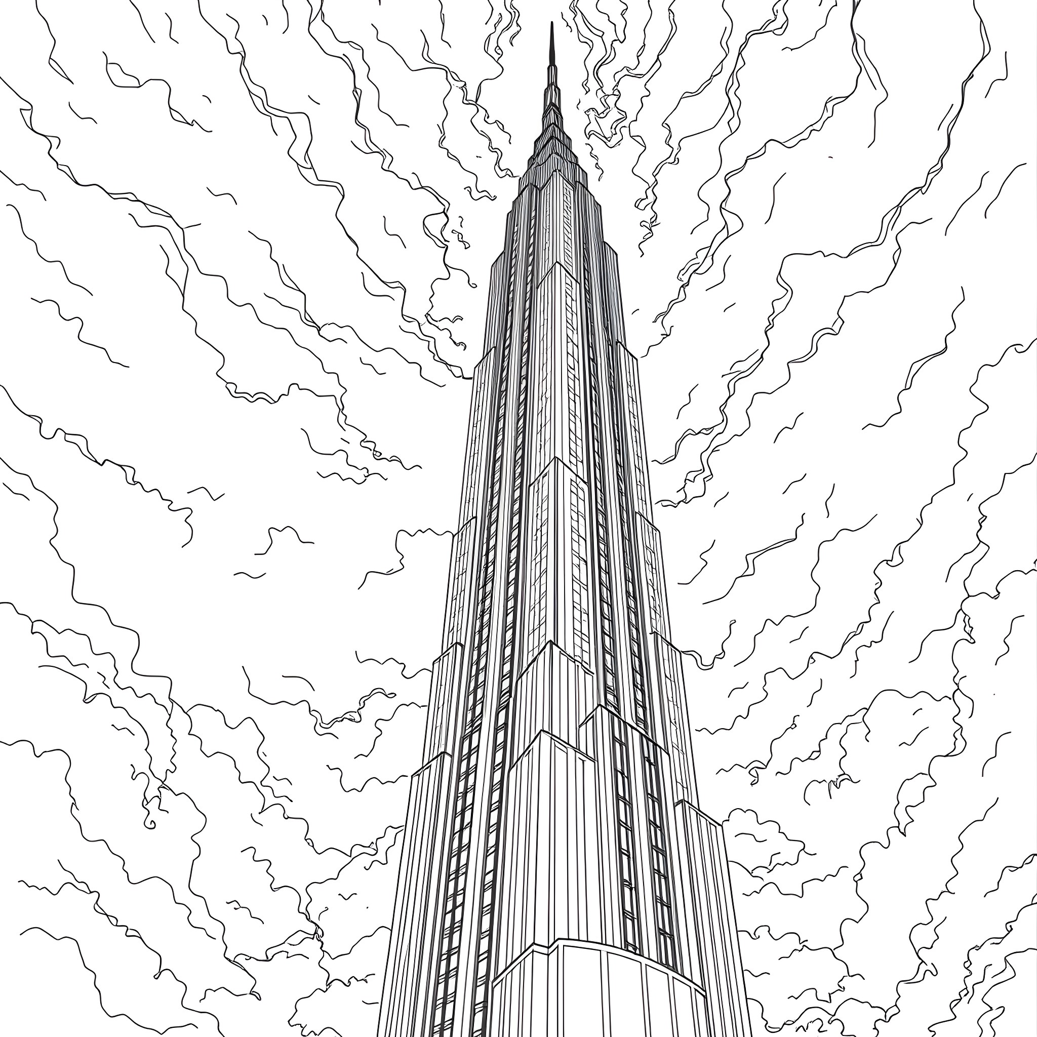 Sky Scraper piercing the dramatic clouds Coloring Page (free black-and-white line drawing printable PDF for all, from beginners to advanced learners, including children, teens, adults, and seniors)