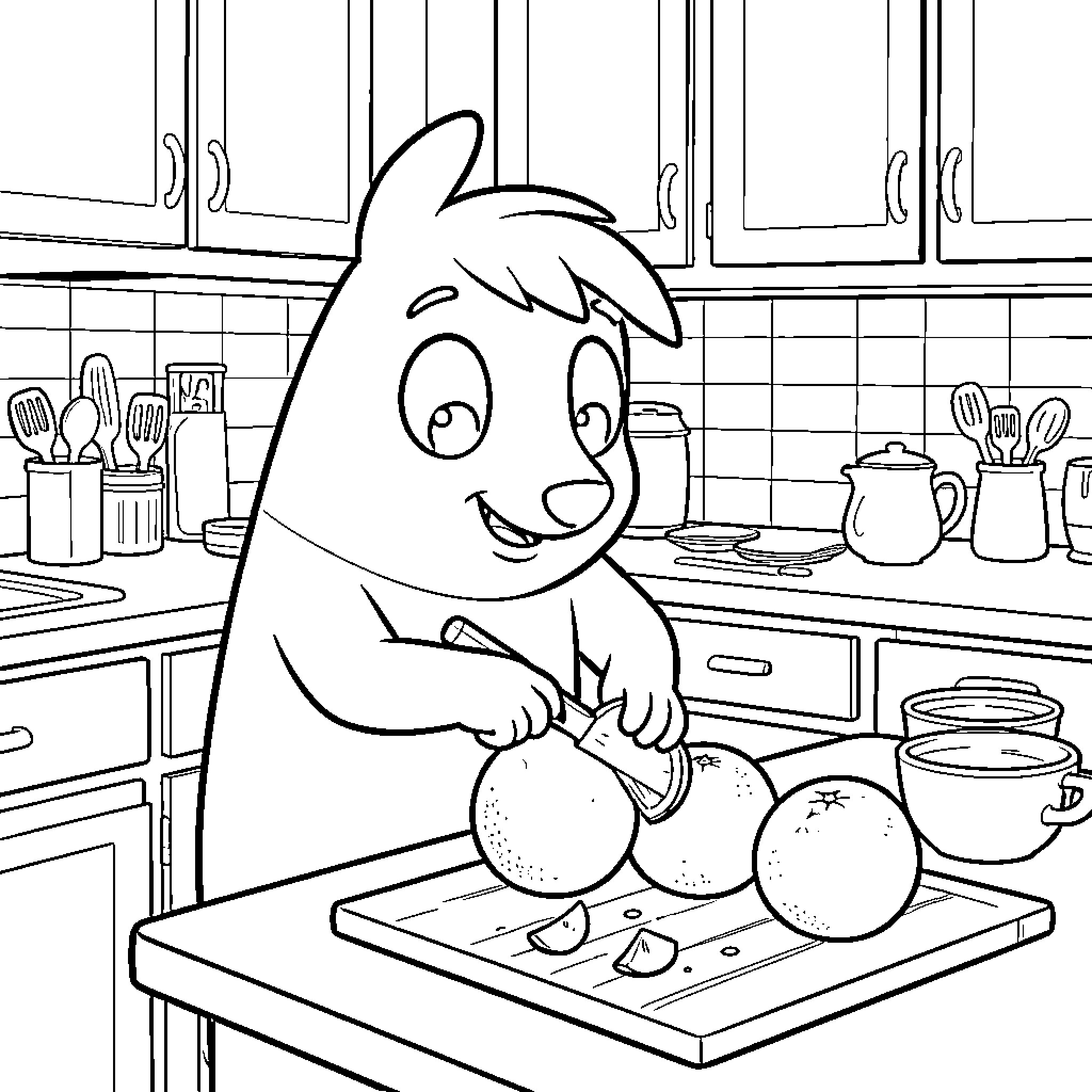 Bluey helps in the kitchen with joy Coloring Page (free black-and-white line drawing printable PDF for all, from beginners to advanced learners, including children, teens, adults, and seniors)