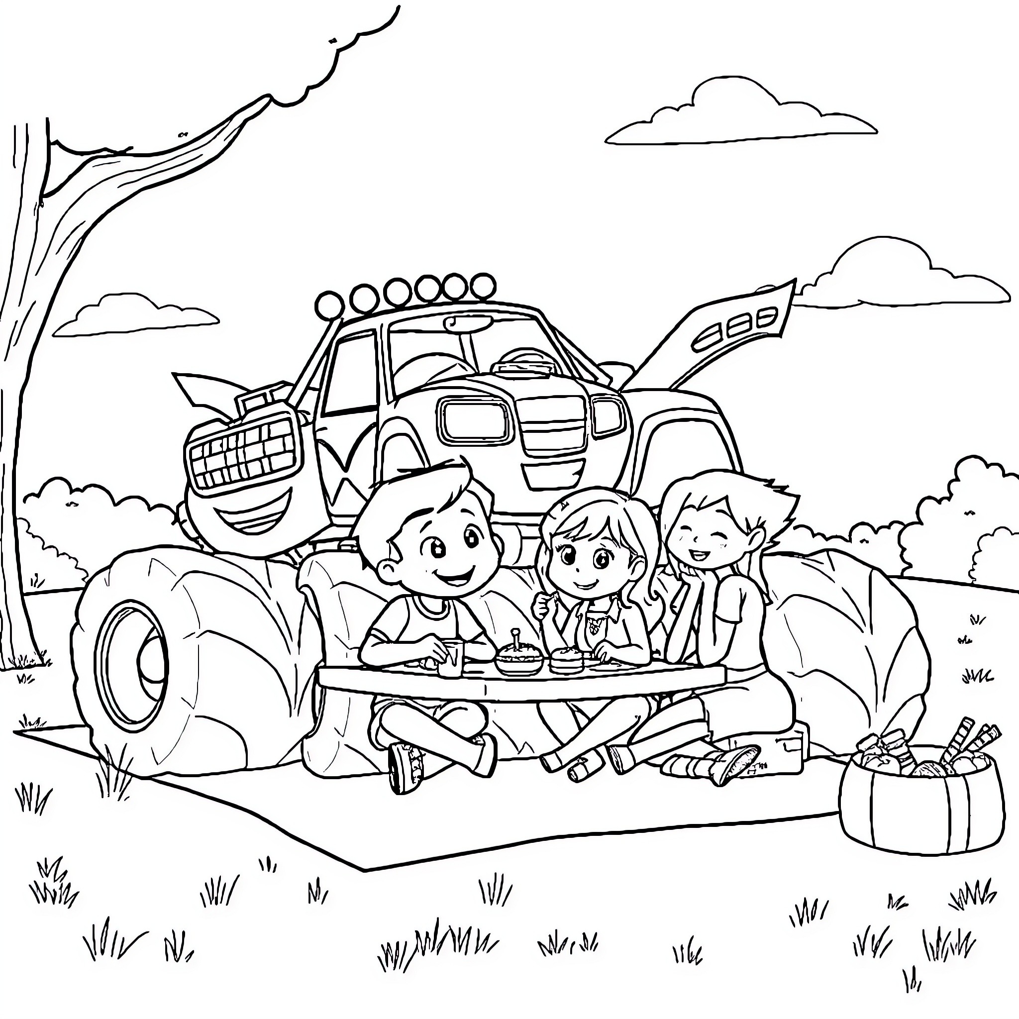 Blaze's Outdoor Adventure with Friends Coloring Page (free black-and-white line drawing printable PDF for all, from beginners to advanced learners, including children, teens, adults, and seniors)