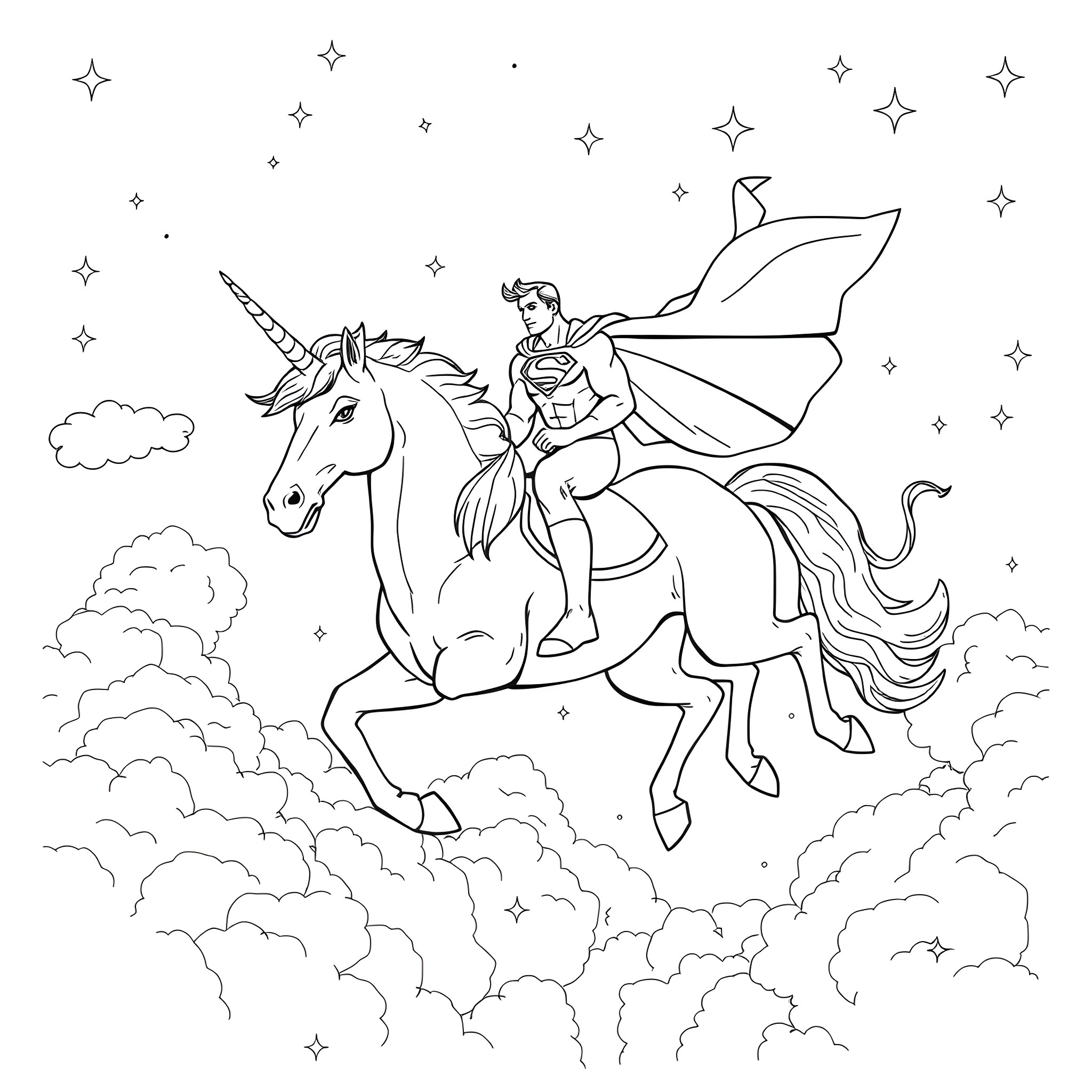 Superman riding a unicorn in the starry night sky Coloring Page (free black-and-white line drawing printable PDF for all, from beginners to advanced learners, including children, teens, adults, and seniors)