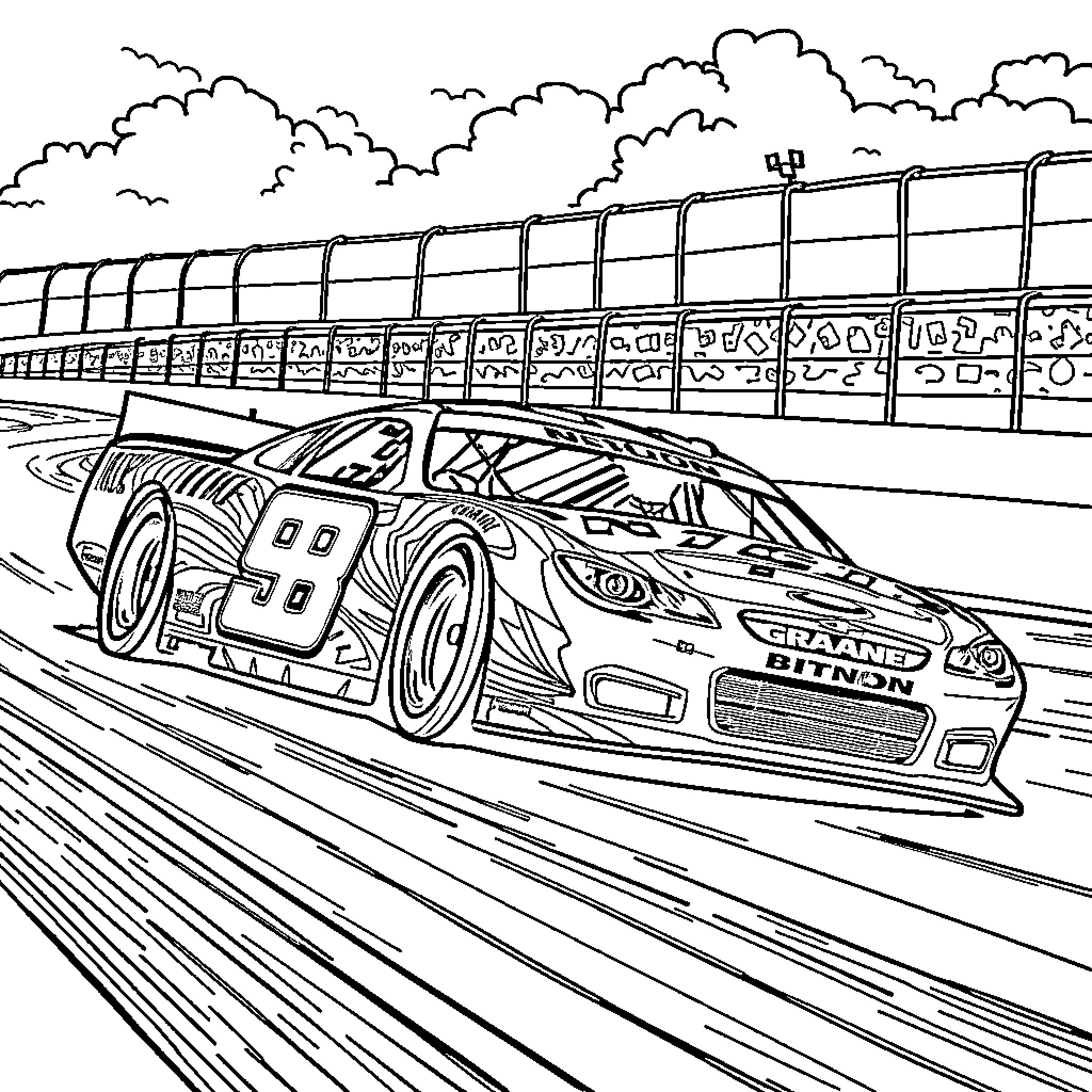 Jeff Gordon's high-speed race car on the track Coloring Page (free black-and-white line drawing printable PDF for all, from beginners to advanced learners, including children, teens, adults, and seniors)