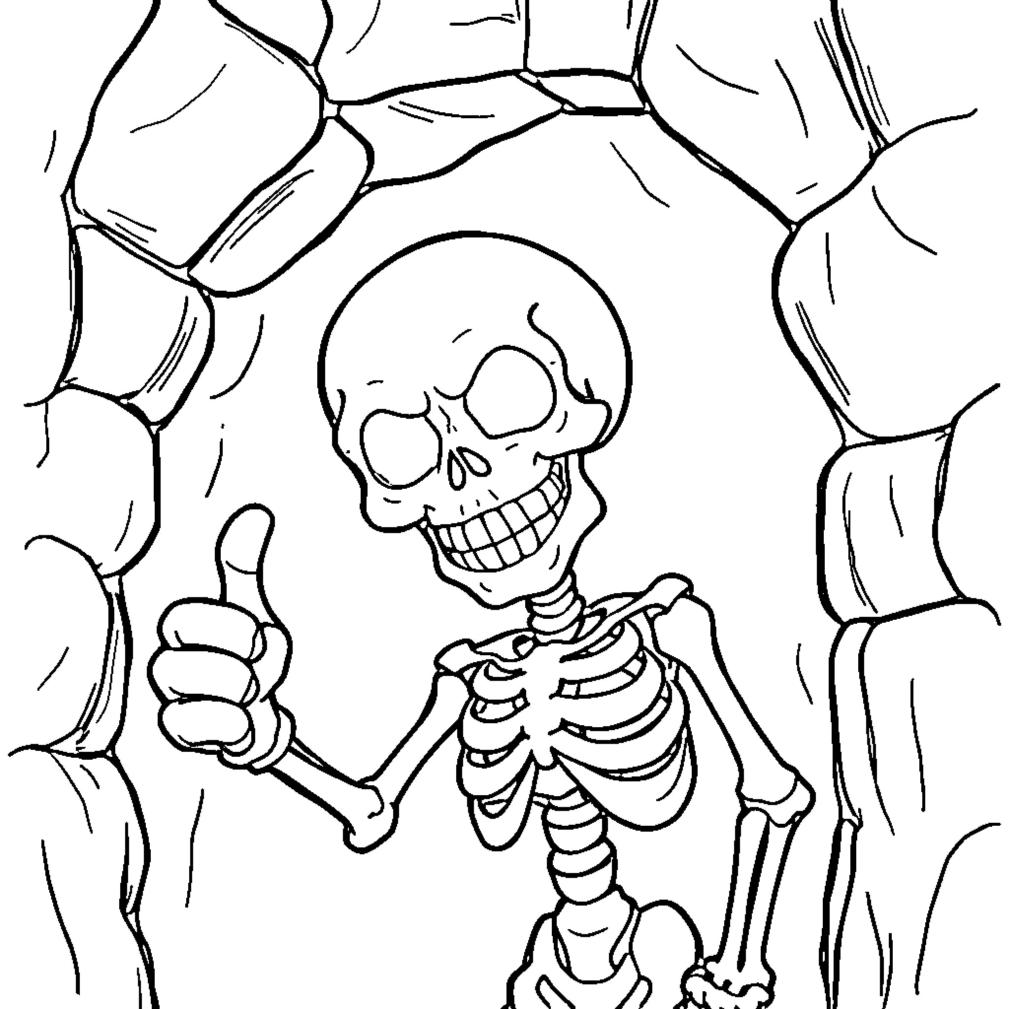 Vault Boy giving a thumbs up in a spooky cave Coloring Page (free black-and-white line drawing printable PDF for all, from beginners to advanced learners, including children, teens, adults, and seniors)