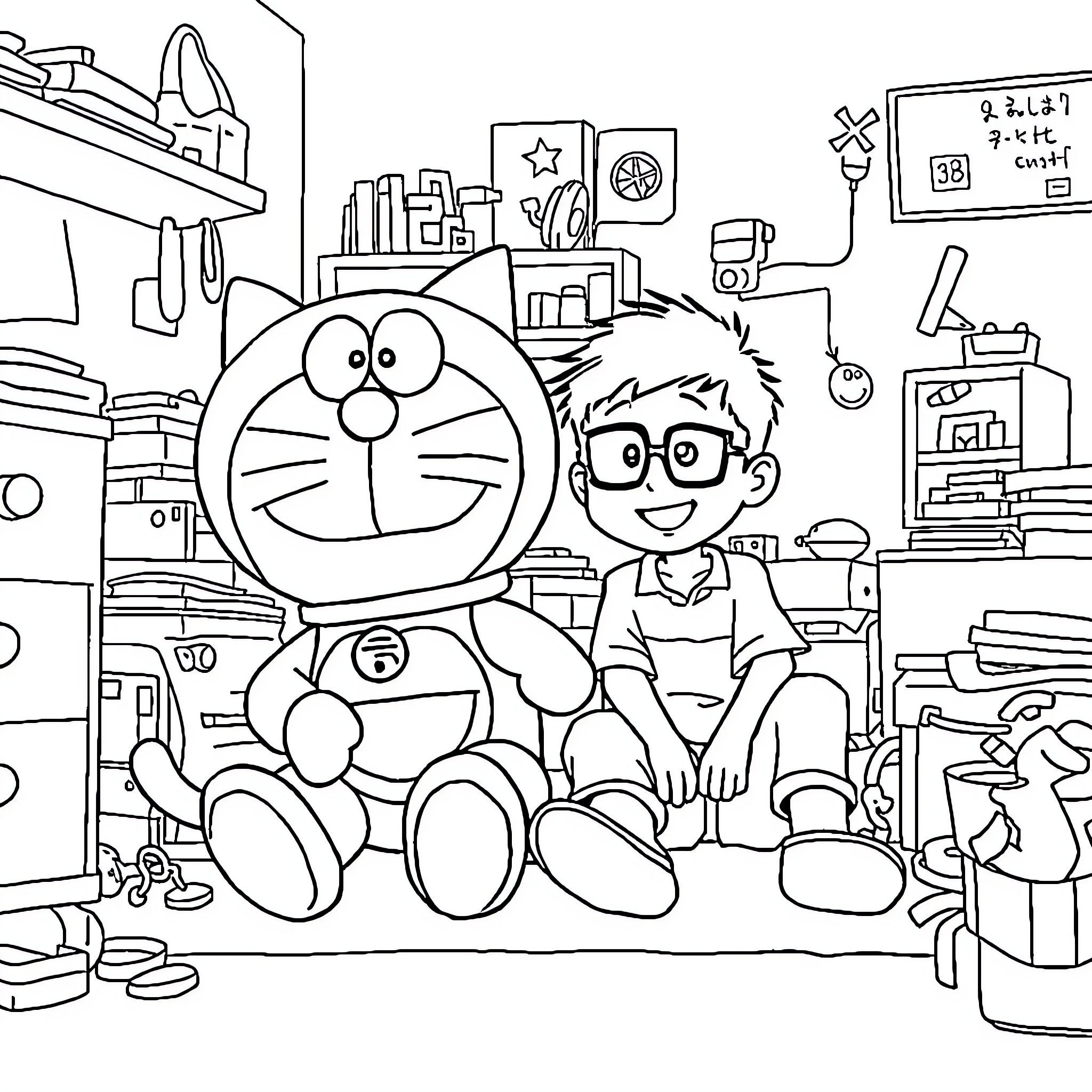 Doraemon and a boy exploring a cluttered room Coloring Page (free black-and-white line drawing printable PDF for all, from beginners to advanced learners, including children, teens, adults, and seniors)
