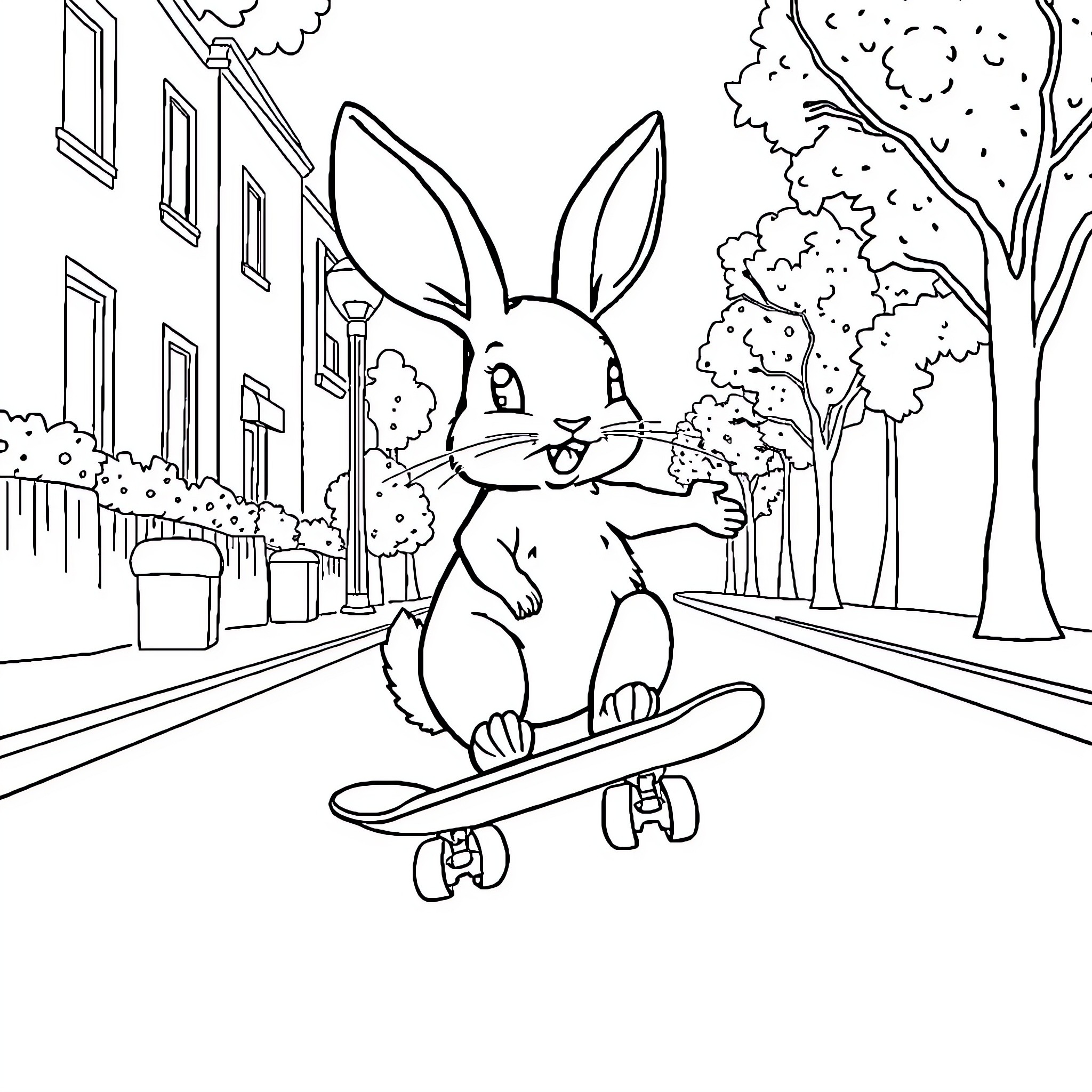 Lapin skateboarding through the city Coloring Page (free black-and-white line drawing printable PDF for all, from beginners to advanced learners, including children, teens, adults, and seniors)