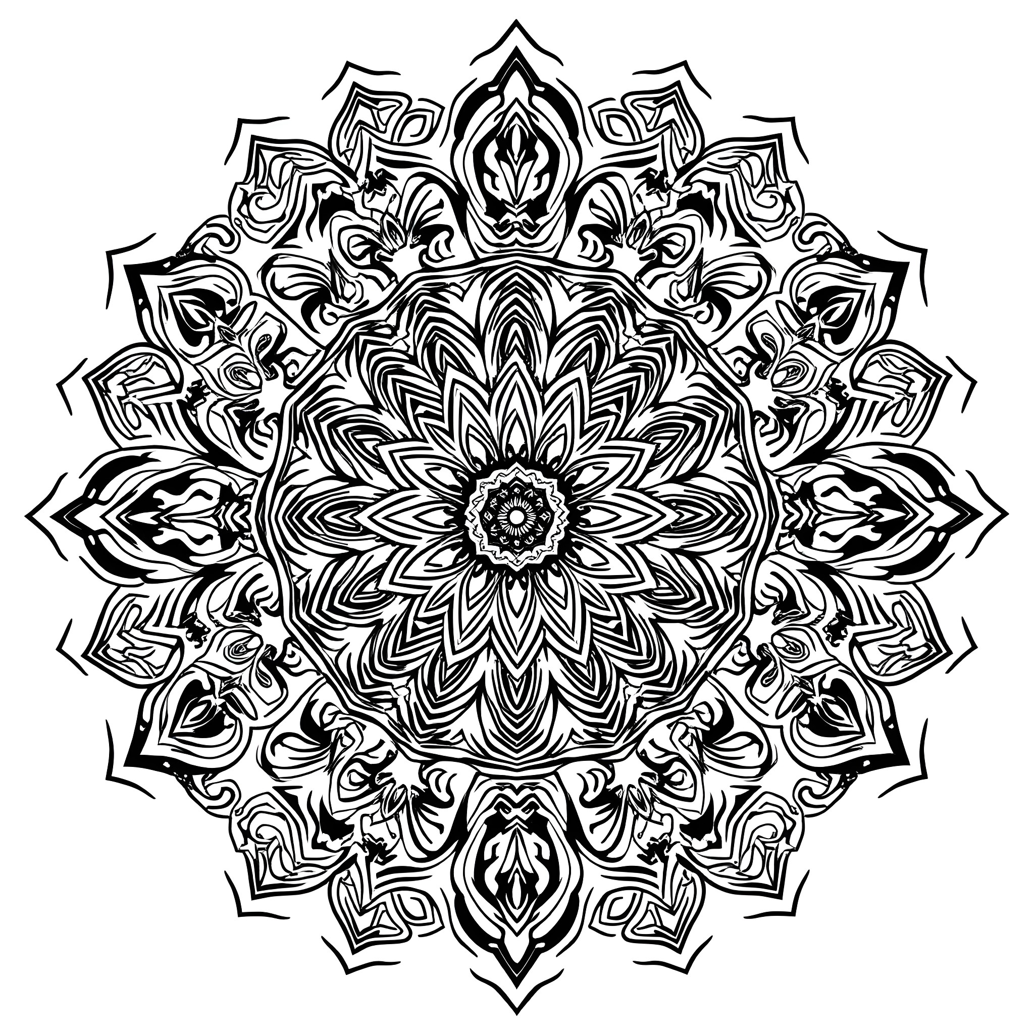 Mandala with intricate floral patterns and symmetry Coloring Page (free black-and-white line drawing printable PDF for all, from beginners to advanced learners, including children, teens, adults, and seniors)
