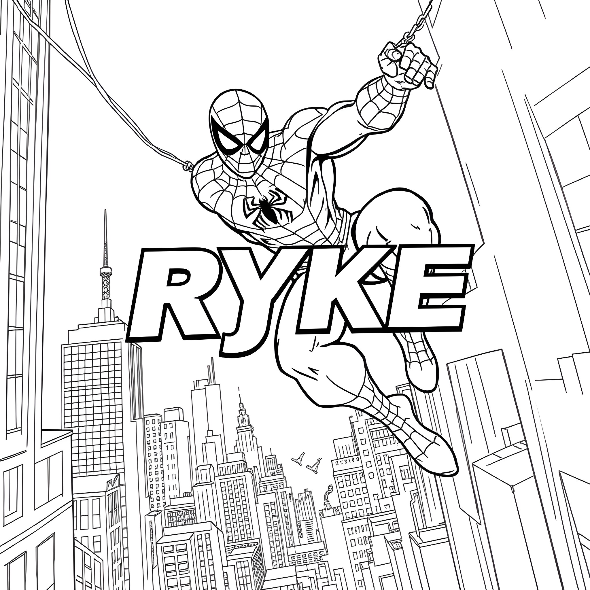 Spiderman swinging through the city skyline Coloring Page (free black-and-white line drawing printable PDF for all, from beginners to advanced learners, including children, teens, adults, and seniors)