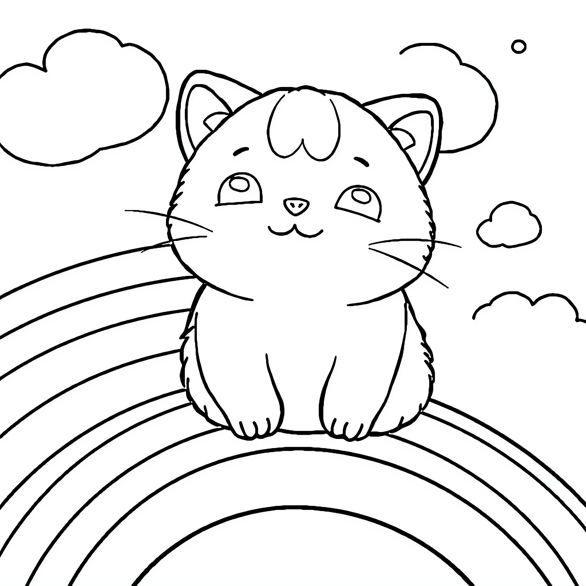 Squishmallow cat sitting on a rainbow Coloring Page (free black-and-white line drawing printable PDF for all, from beginners to advanced learners, including children, teens, adults, and seniors)