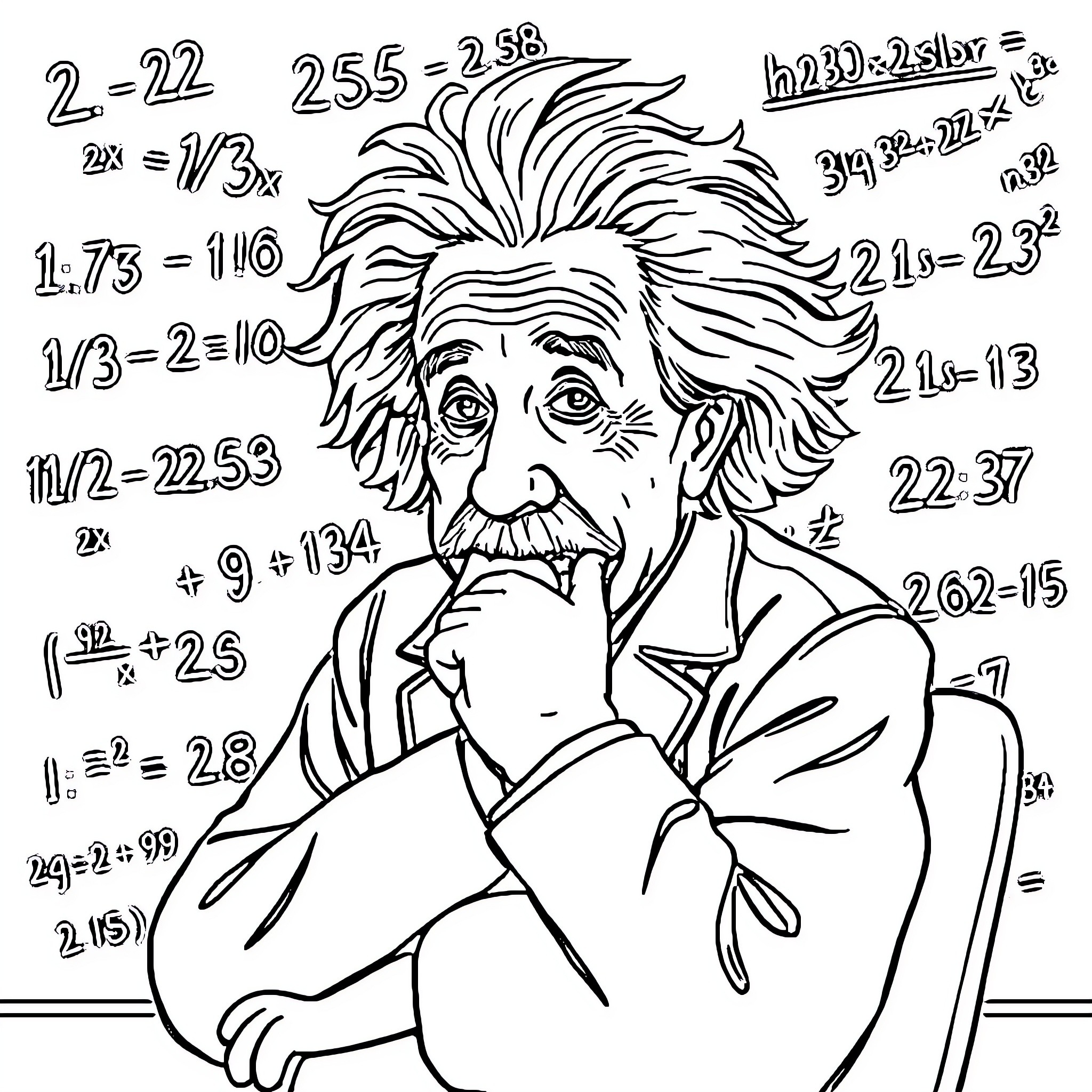 Einstein pondering complex mathematical equations Coloring Page (free black-and-white line drawing printable PDF for all, from beginners to advanced learners, including children, teens, adults, and seniors)