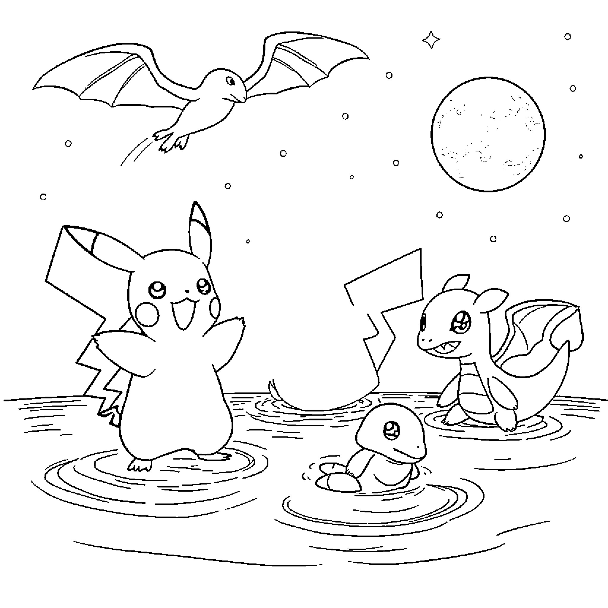 Pikachu and Pokémon friends in a whimsical night scene Coloring Page (free black-and-white line drawing printable PDF for all, from beginners to advanced learners, including children, teens, adults, and seniors)