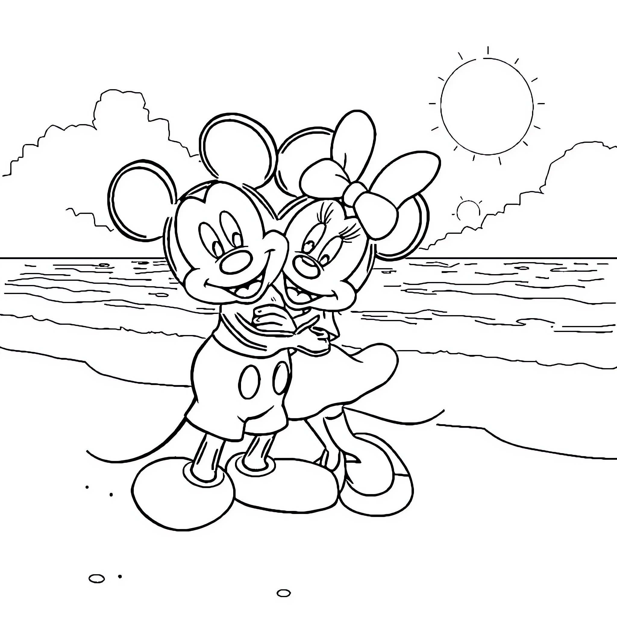 Mickey Mouse and Minnie Mouse enjoying the beach Coloring Page (free black-and-white line drawing printable PDF for all, from beginners to advanced learners, including children, teens, adults, and seniors)