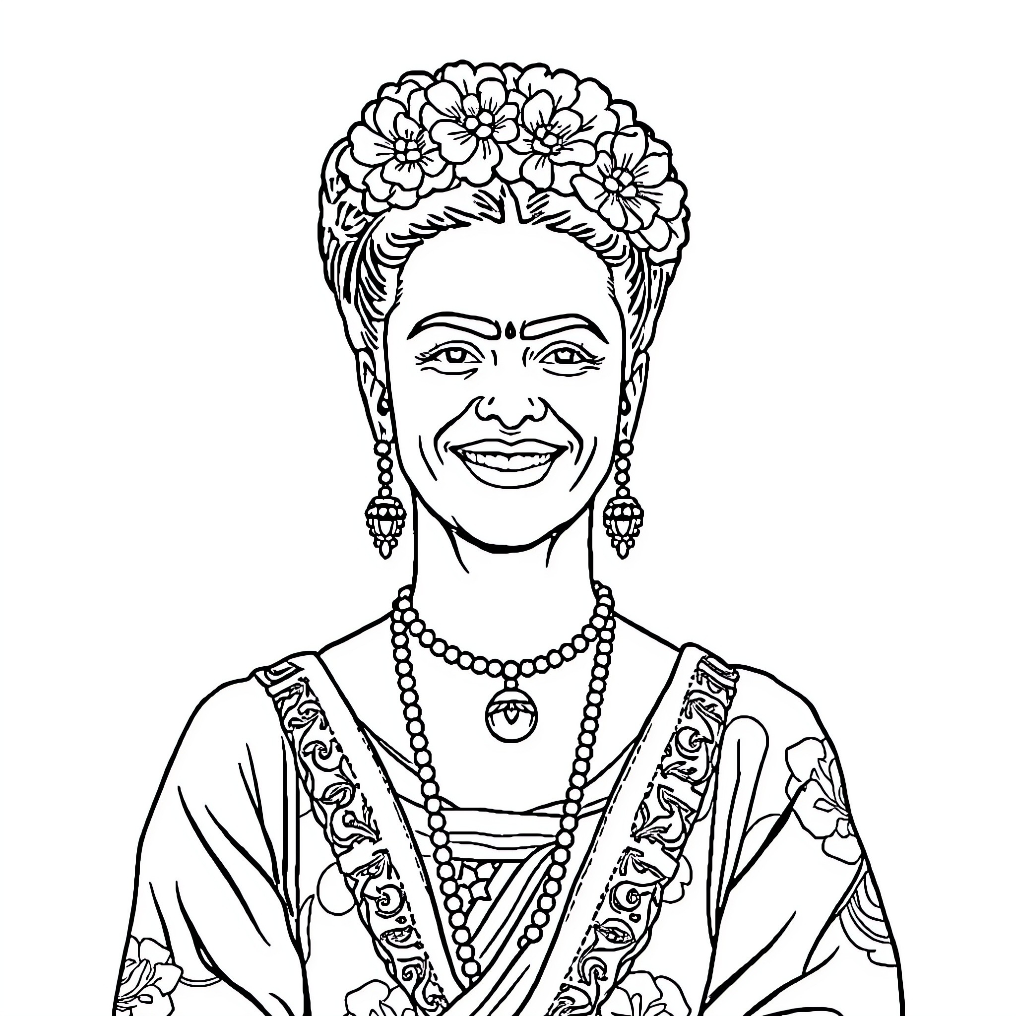 Frida Kahlo in traditional Mexican attire and flowers Coloring Page (free black-and-white line drawing printable PDF for all, from beginners to advanced learners, including children, teens, adults, and seniors)