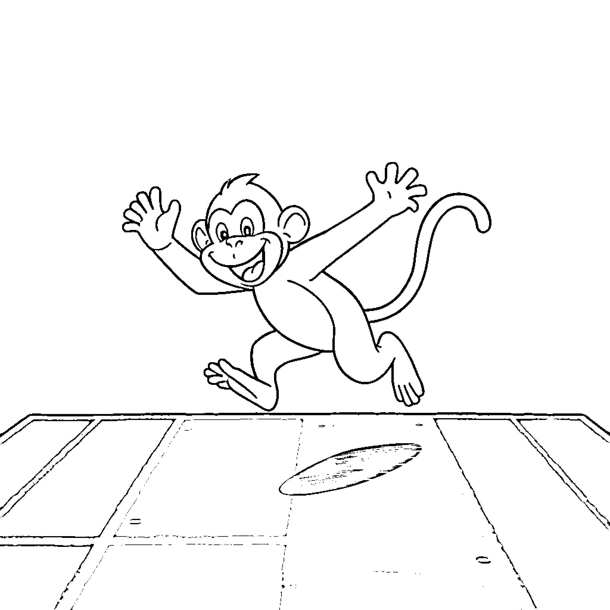 Monkey jumping joyfully on trampoline Coloring Page (free black-and-white line drawing printable PDF for all, from beginners to advanced learners, including children, teens, adults, and seniors)