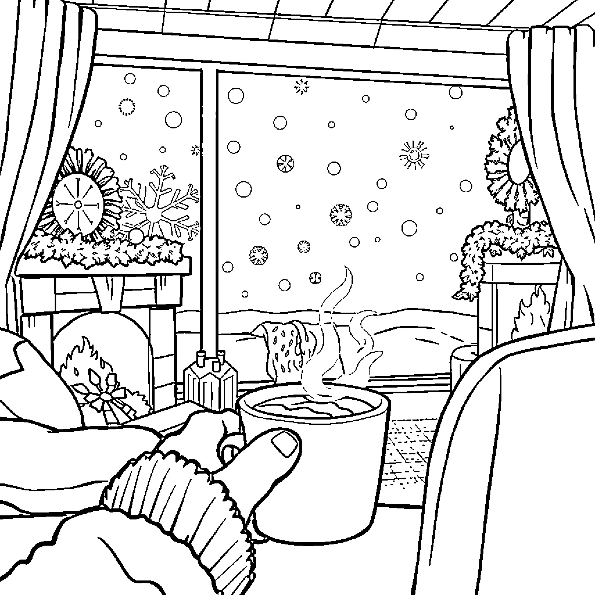 Cocoa by the Cozy Fireplace on a Snowy Night Coloring Page (free black-and-white line drawing printable PDF for all, from beginners to advanced learners, including children, teens, adults, and seniors)