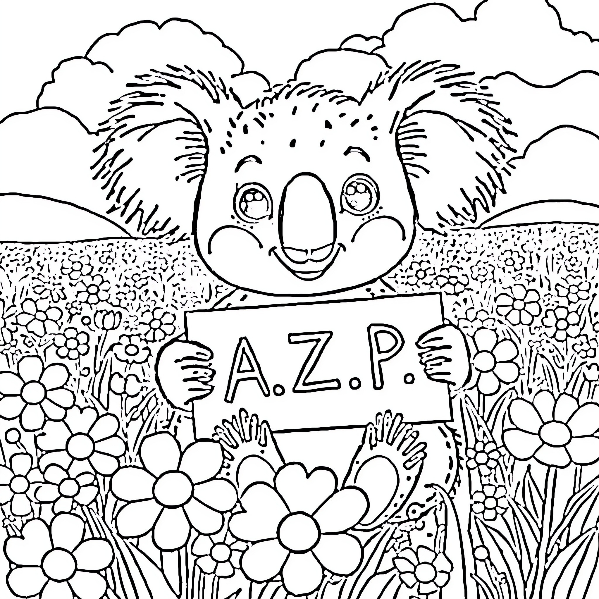 Koala holding a sign in a flower field Coloring Page (free black-and-white line drawing printable PDF for all, from beginners to advanced learners, including children, teens, adults, and seniors)