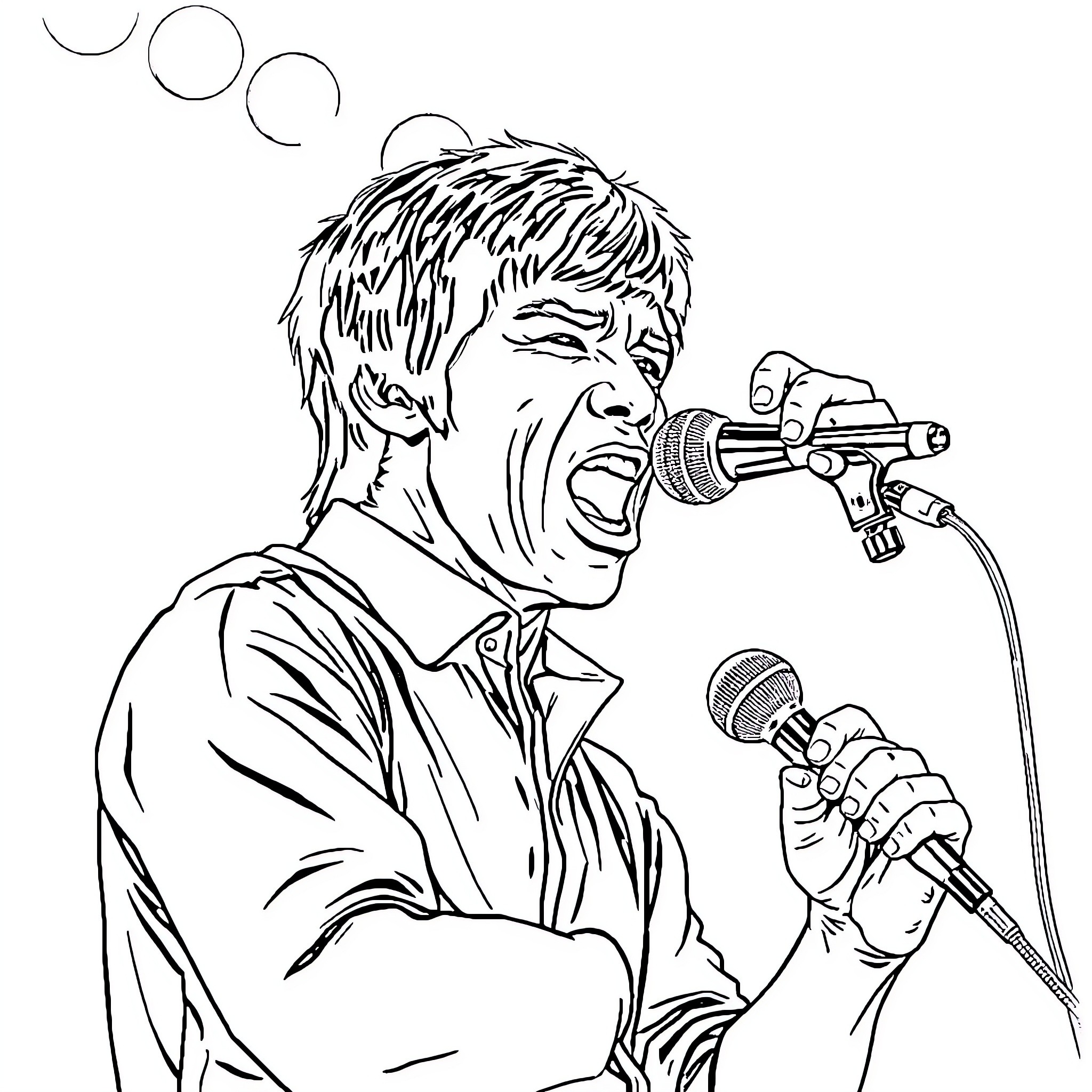 Bruce Lee Performing on Stage with Microphones Coloring Page (free black-and-white line drawing printable PDF for all, from beginners to advanced learners, including children, teens, adults, and seniors)
