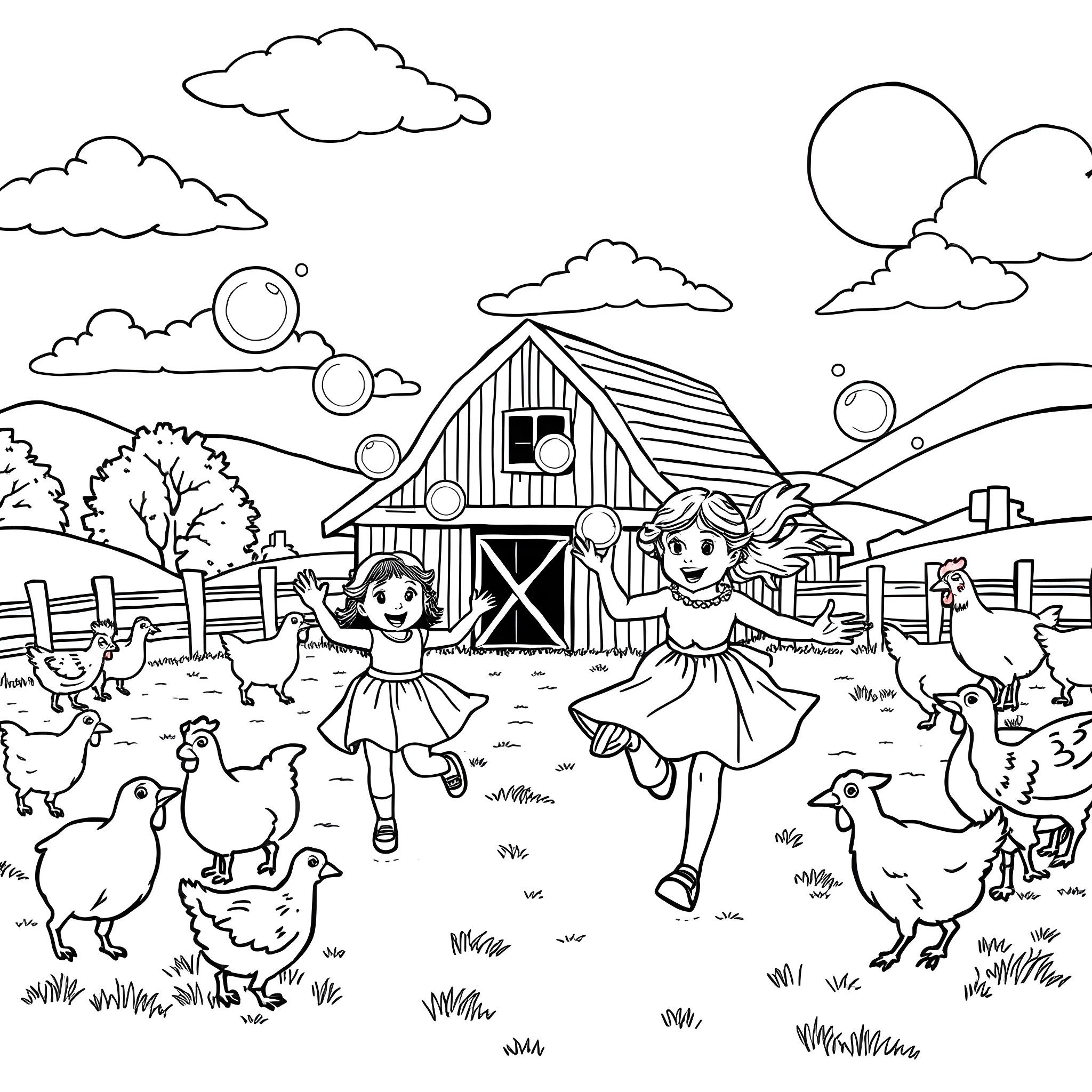 Sisters playing cheerfully on the farm Coloring Page (free black-and-white line drawing printable PDF for all, from beginners to advanced learners, including children, teens, adults, and seniors)