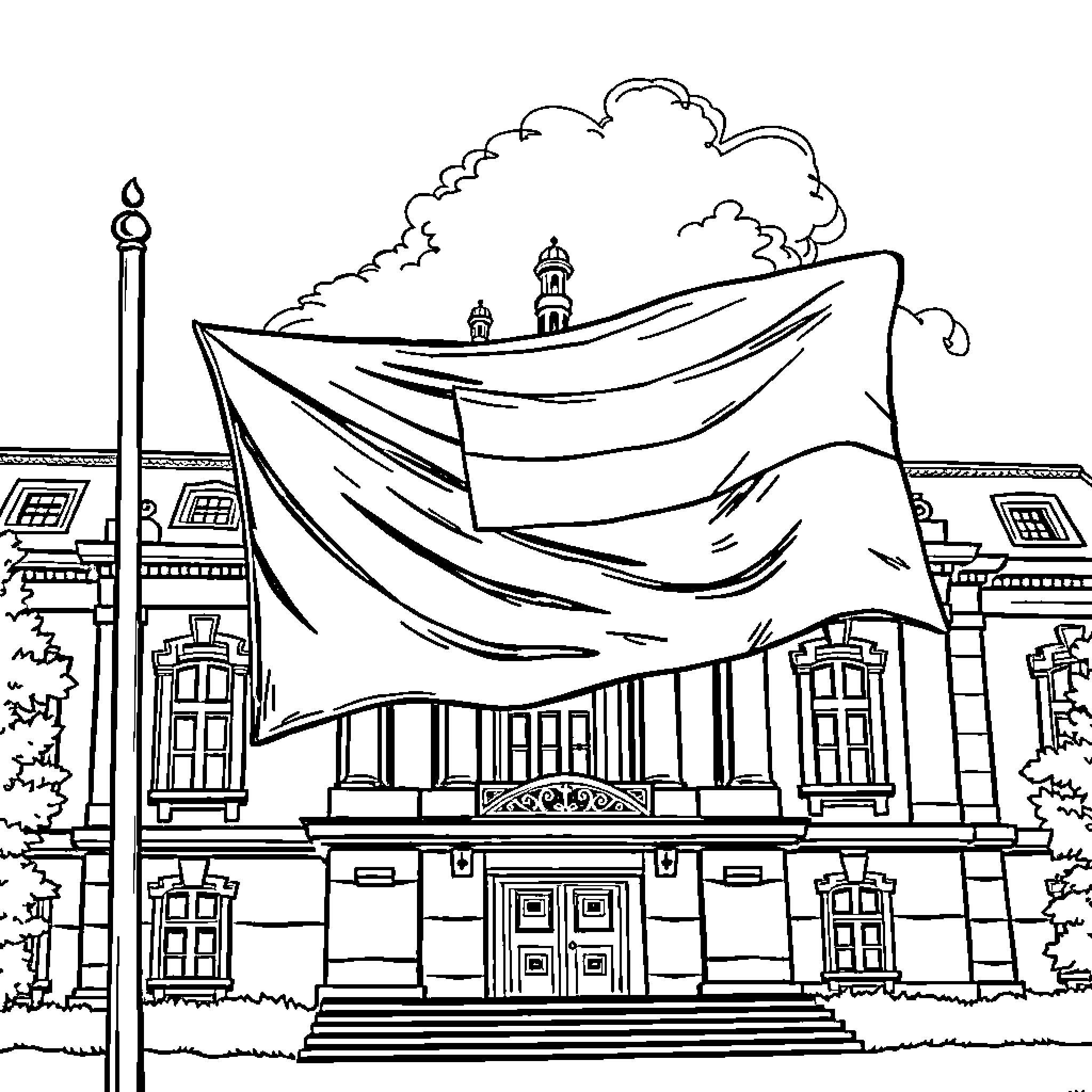 Czechia Flag Draped Over Ornate Government Building Coloring Page (free black-and-white line drawing printable PDF for all, from beginners to advanced learners, including children, teens, adults, and seniors)