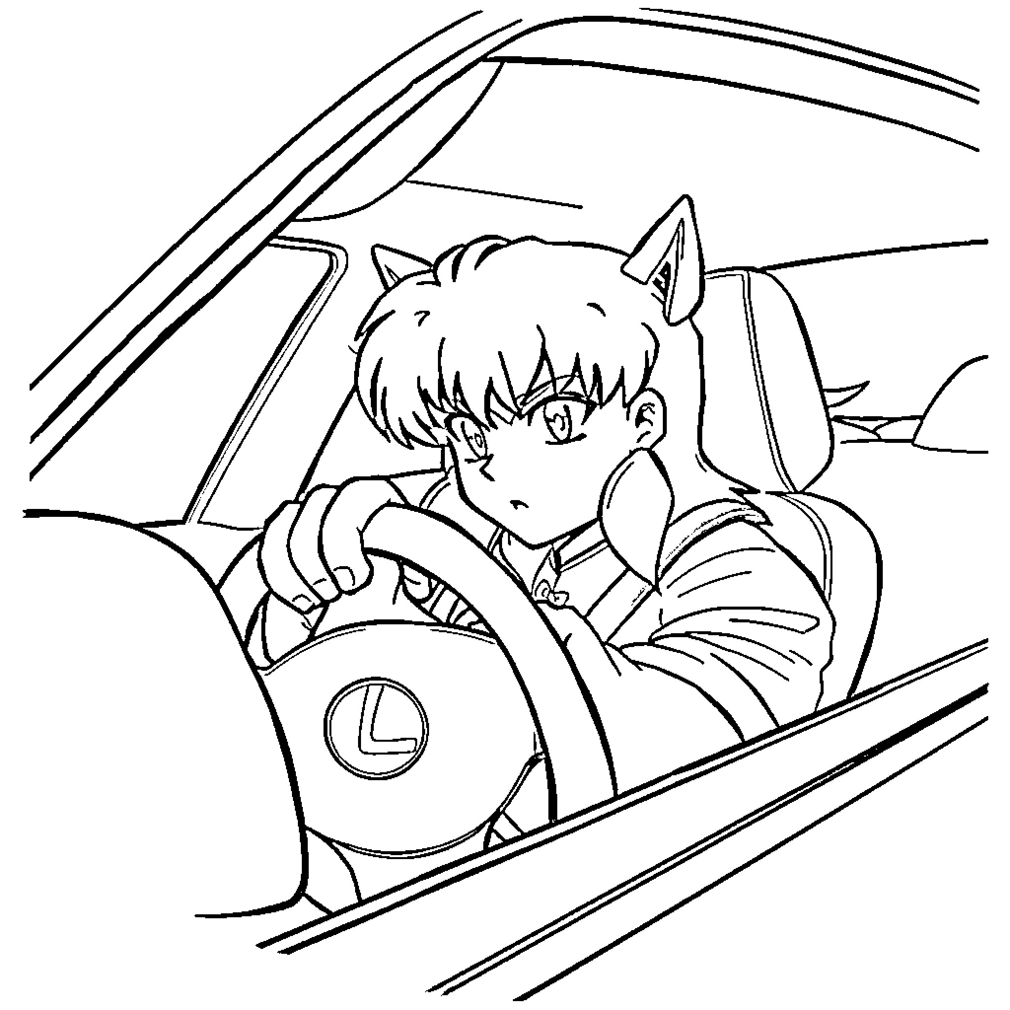Inuyasha driving a car with a serious expression Coloring Page (free black-and-white line drawing printable PDF for all, from beginners to advanced learners, including children, teens, adults, and seniors)