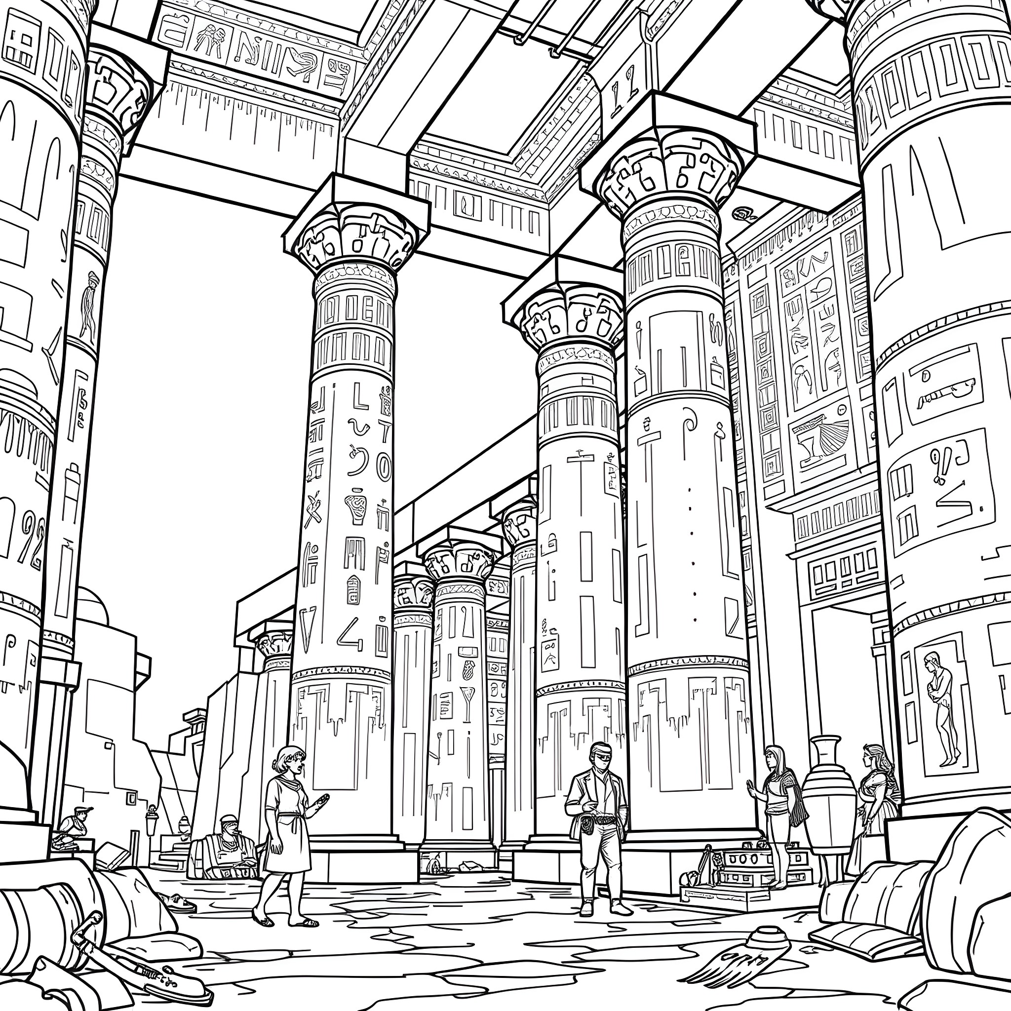 Ancient Life in a Majestic Architectural Realm Coloring Page (free black-and-white line drawing printable PDF for all, from beginners to advanced learners, including children, teens, adults, and seniors)