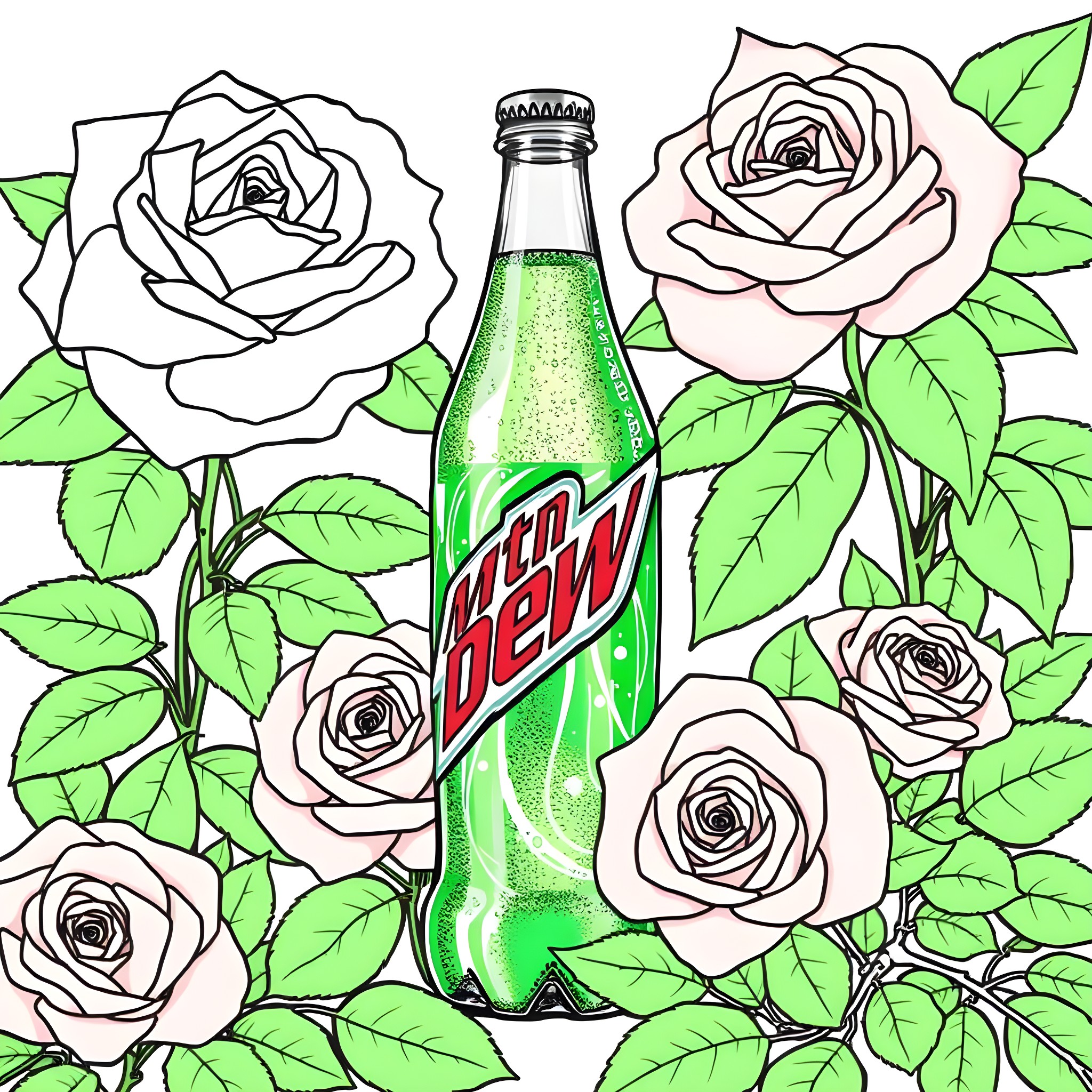 Mtn Dew bottle surrounded by stylized rose illustrations Coloring Page (free black-and-white line drawing printable PDF for all, from beginners to advanced learners, including children, teens, adults, and seniors)