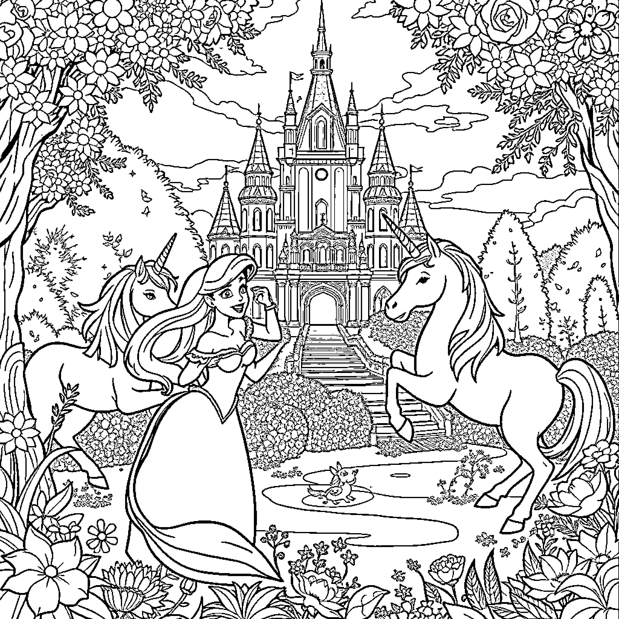 Ariel's Enchanted Castle Scene with Unicorns Coloring Page (free black-and-white line drawing printable PDF for all, from beginners to advanced learners, including children, teens, adults, and seniors)