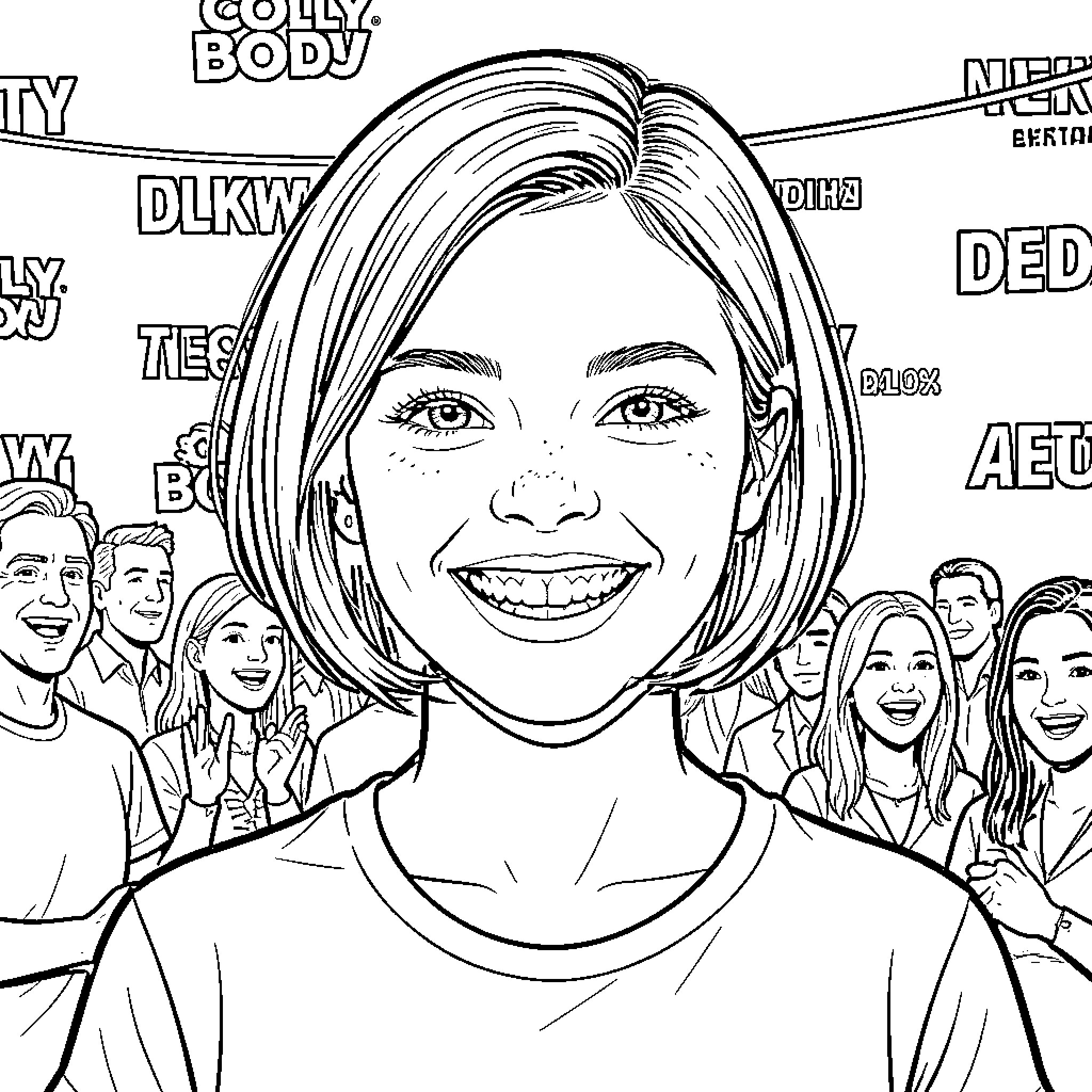 Millie Bobby Brown smiling with a crowd in the background Coloring Page (free black-and-white line drawing printable PDF for all, from beginners to advanced learners, including children, teens, adults, and seniors)