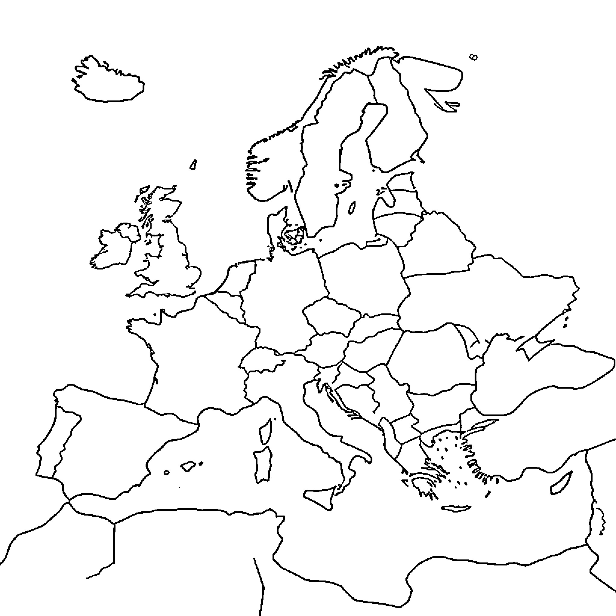 Map of Europe's Outline Coloring Page (free black-and-white line drawing printable PDF for all, from beginners to advanced learners, including children, teens, adults, and seniors)