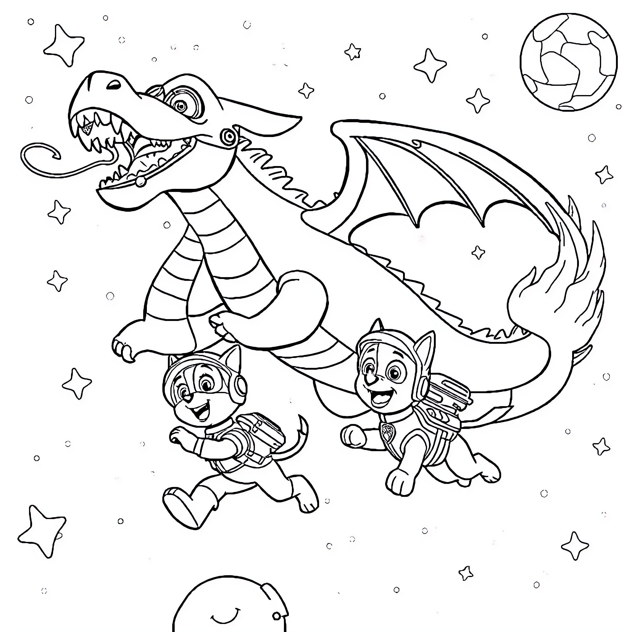 Paw Patrol Dragon Rescue Mission Coloring Page (free black-and-white line drawing printable PDF for all, from beginners to advanced learners, including children, teens, adults, and seniors)