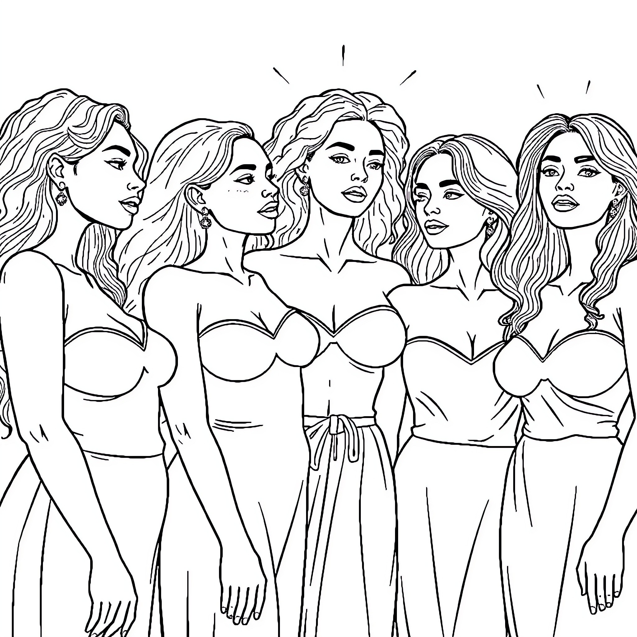 Women in Fashionable Poses and Attire Coloring Page (free black-and-white line drawing printable PDF for all, from beginners to advanced learners, including children, teens, adults, and seniors)