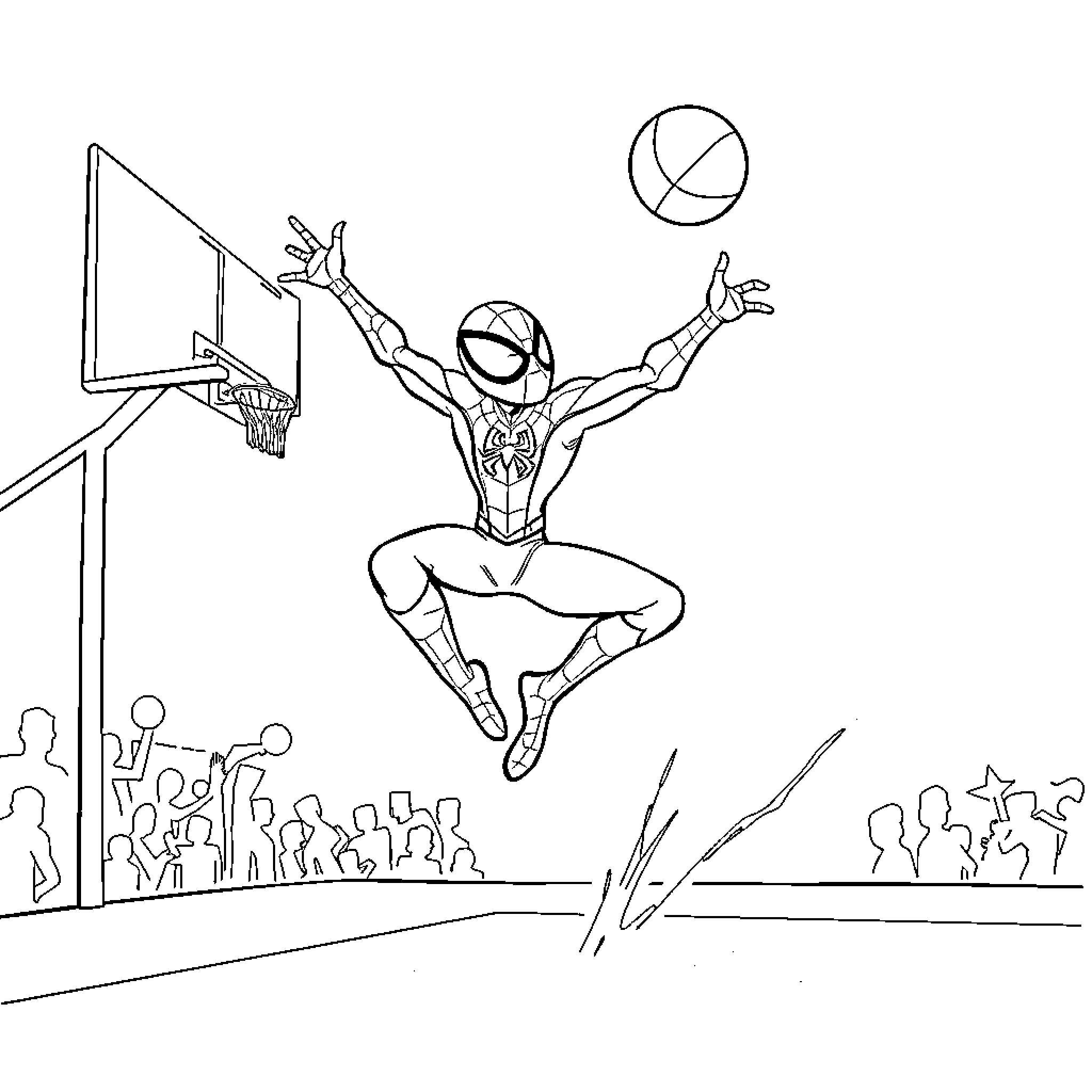 Spidy dunking on the crowd at a basketball game Coloring Page (free black-and-white line drawing printable PDF for all, from beginners to advanced learners, including children, teens, adults, and seniors)