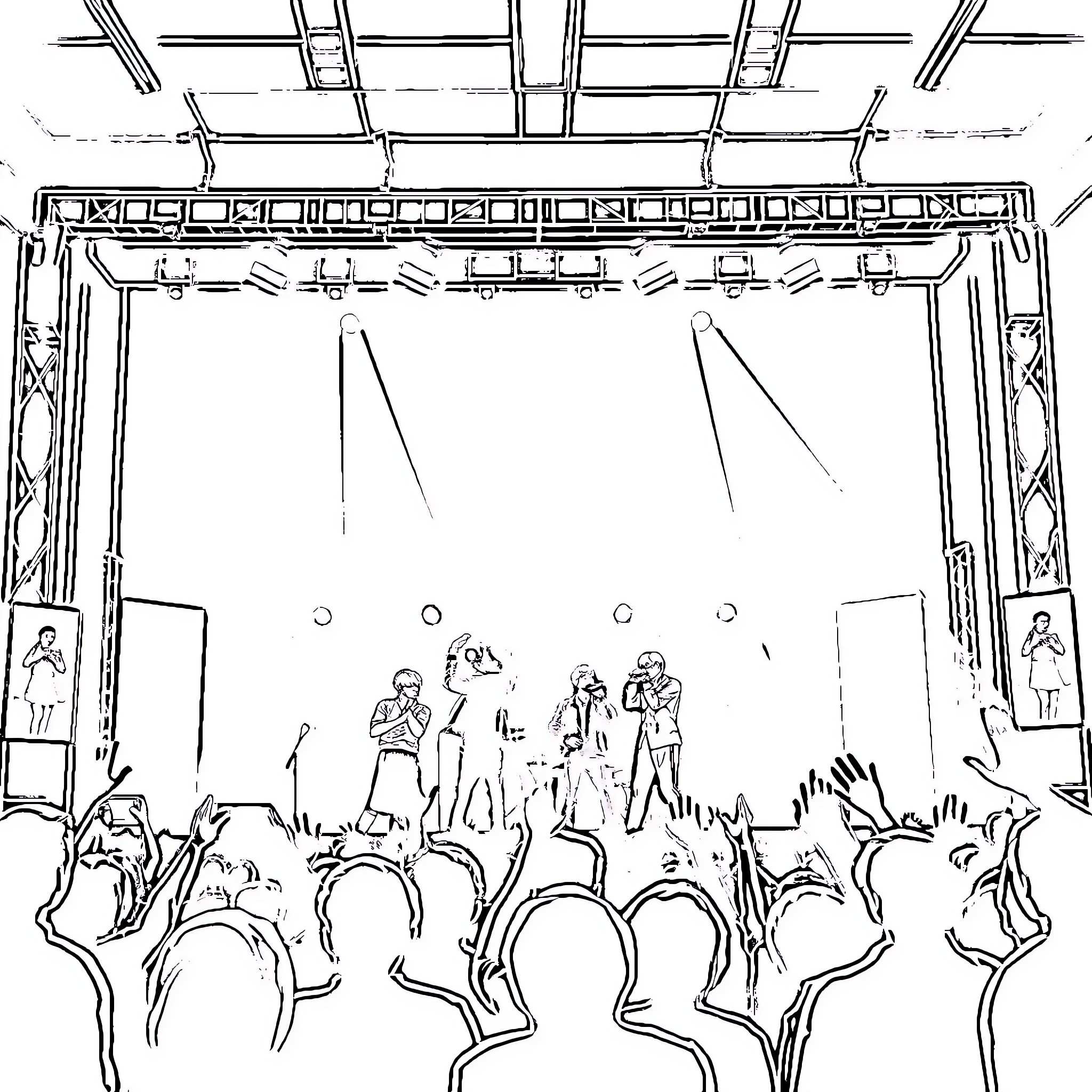 BTS performers on stage with enthusiastic crowd Coloring Page (free black-and-white line drawing printable PDF for all, from beginners to advanced learners, including children, teens, adults, and seniors)